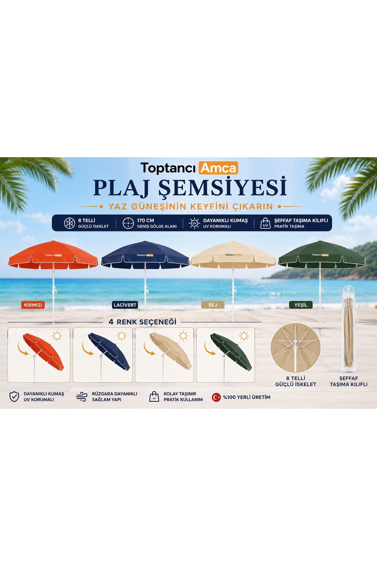 Eğilebilir 8 Telli 170 Cm Plaj Şemsiyesi, Renkli, Yüksek Kalite Şeffaf Taşıma Kılıflı 360 derece ayarlanır şemsiye kazığı hediye 1