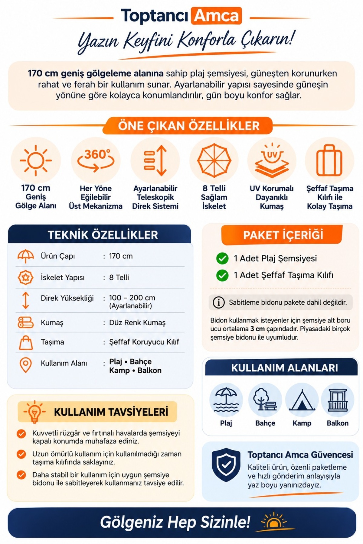Eğilebilir 8 Telli 170 Cm Plaj Şemsiyesi, Renkli, Yüksek Kalite Şeffaf Taşıma Kılıflı 360 derece ayarlanır şemsiye kazığı hediye 2