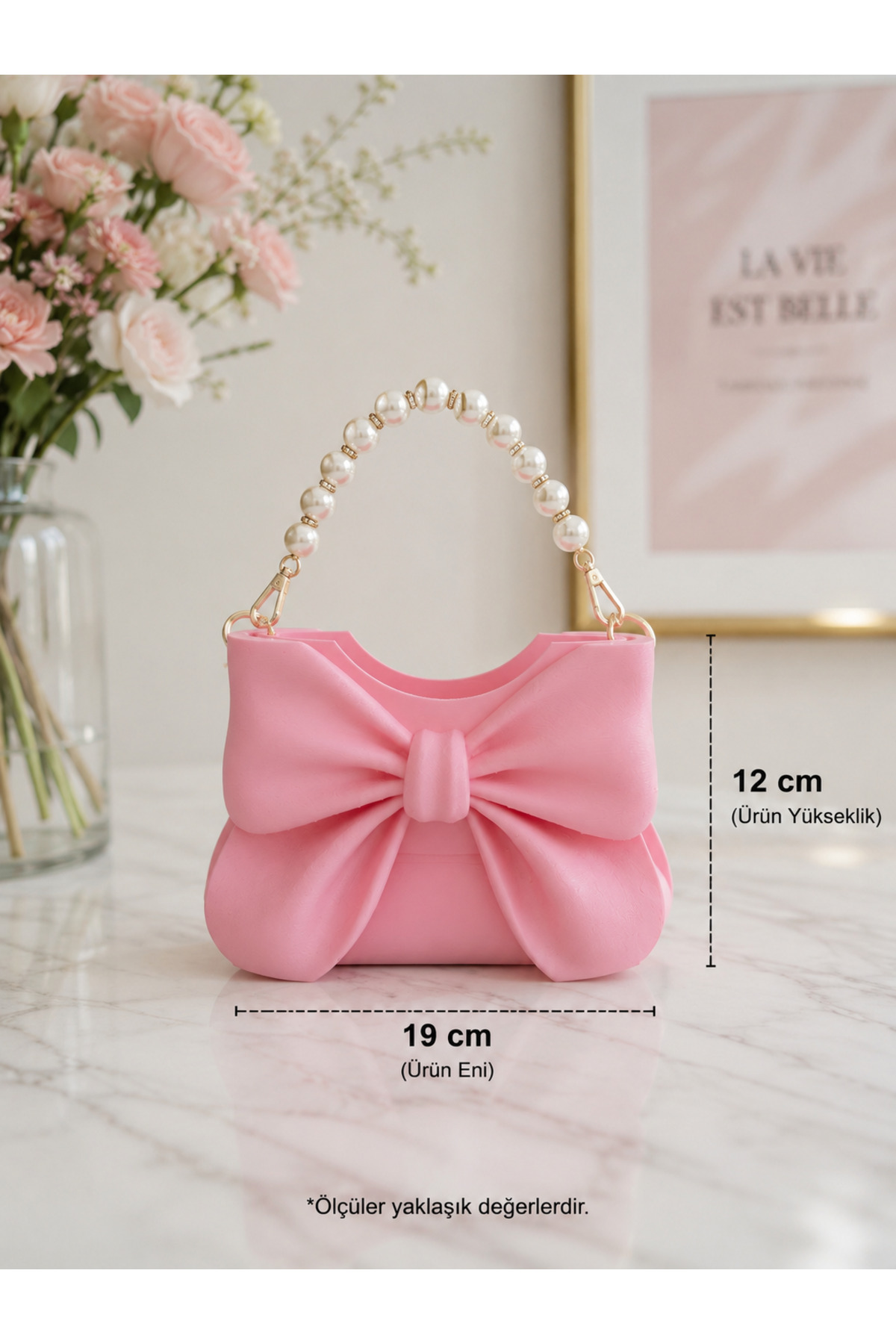 Fiyonklu Kadın El Çantası İnci Saplı Şık Omuz Çantası Toz Pembe 19x12 cm Günlük ve Özel Davet Çantası 3