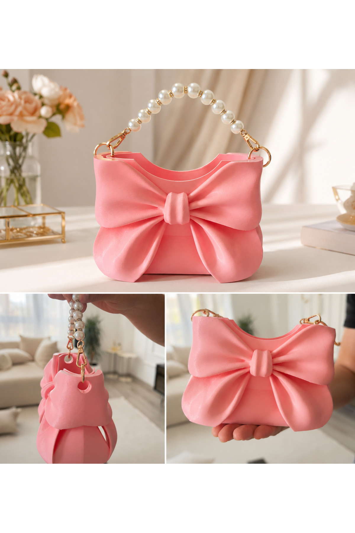 Fiyonklu Kadın El Çantası İnci Saplı Şık Omuz Çantası Toz Pembe 19x12 cm Günlük ve Özel Davet Çantası