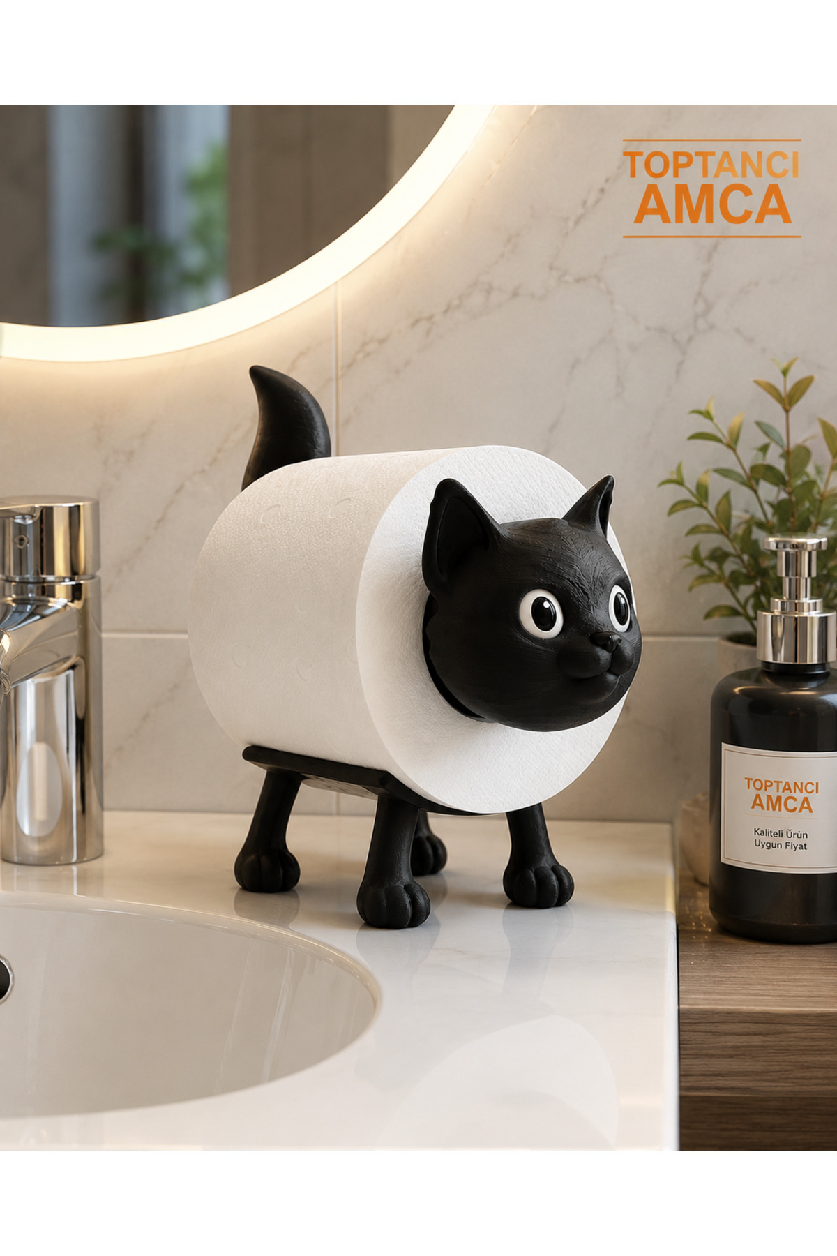 Kedi Figürlü Tuvalet Kağıdı Standı – 3D Baskı Dekoratif WC ve Banyo Kağıtlık, Lavabo Üstü Tuvalet Kağıdı Tutucu 3