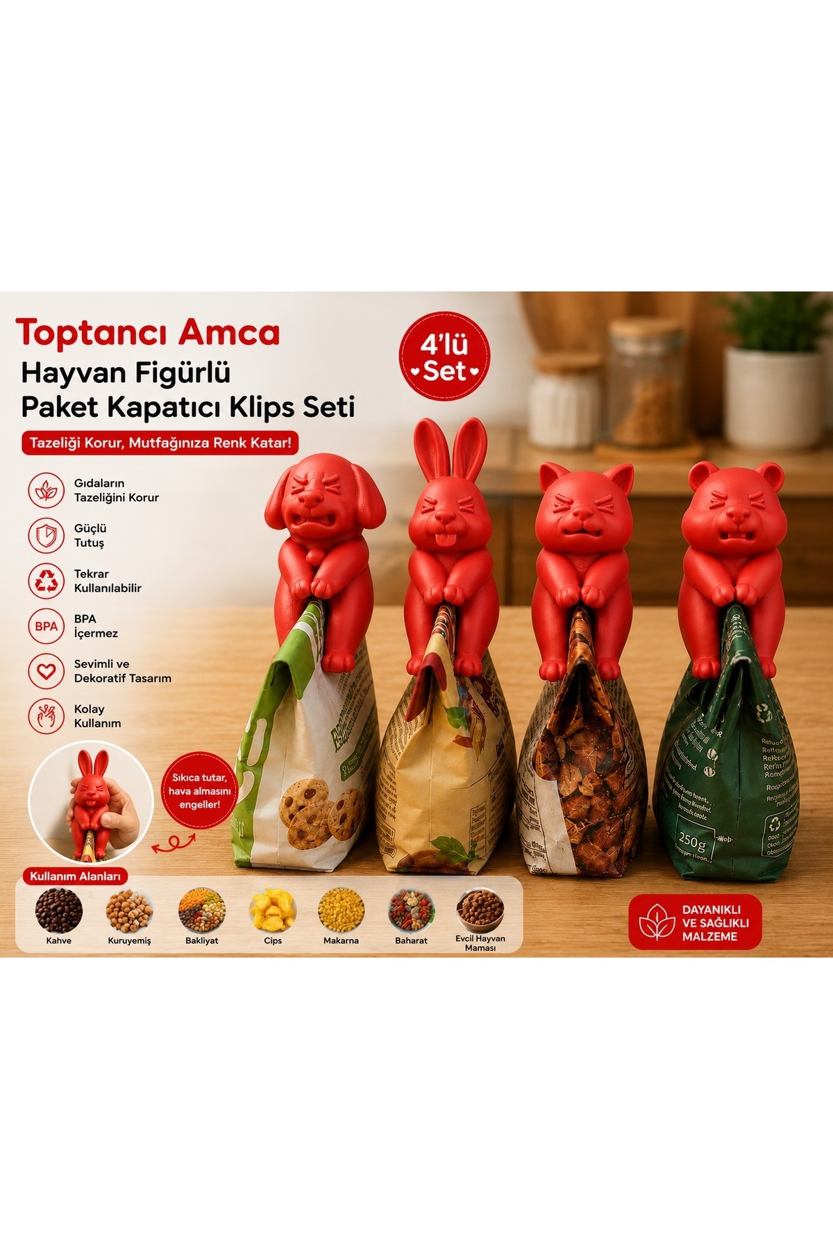 Hayvan Figürlü Paket Kapatıcı Klips Seti - Tavşan, Kedi ve Köpek Tasarımlı Gıda Poşeti Kapatma Mandal Seti Kırmızı