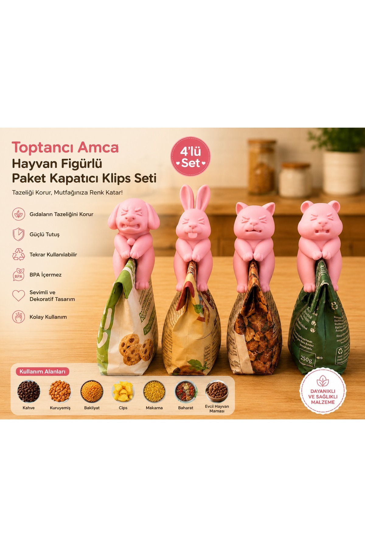 Hayvan Figürlü Paket Kapatıcı Klips Seti - Tavşan, Kedi ve Köpek Tasarımlı Gıda Poşeti Kapatma Mandalı - 4'lü - 1