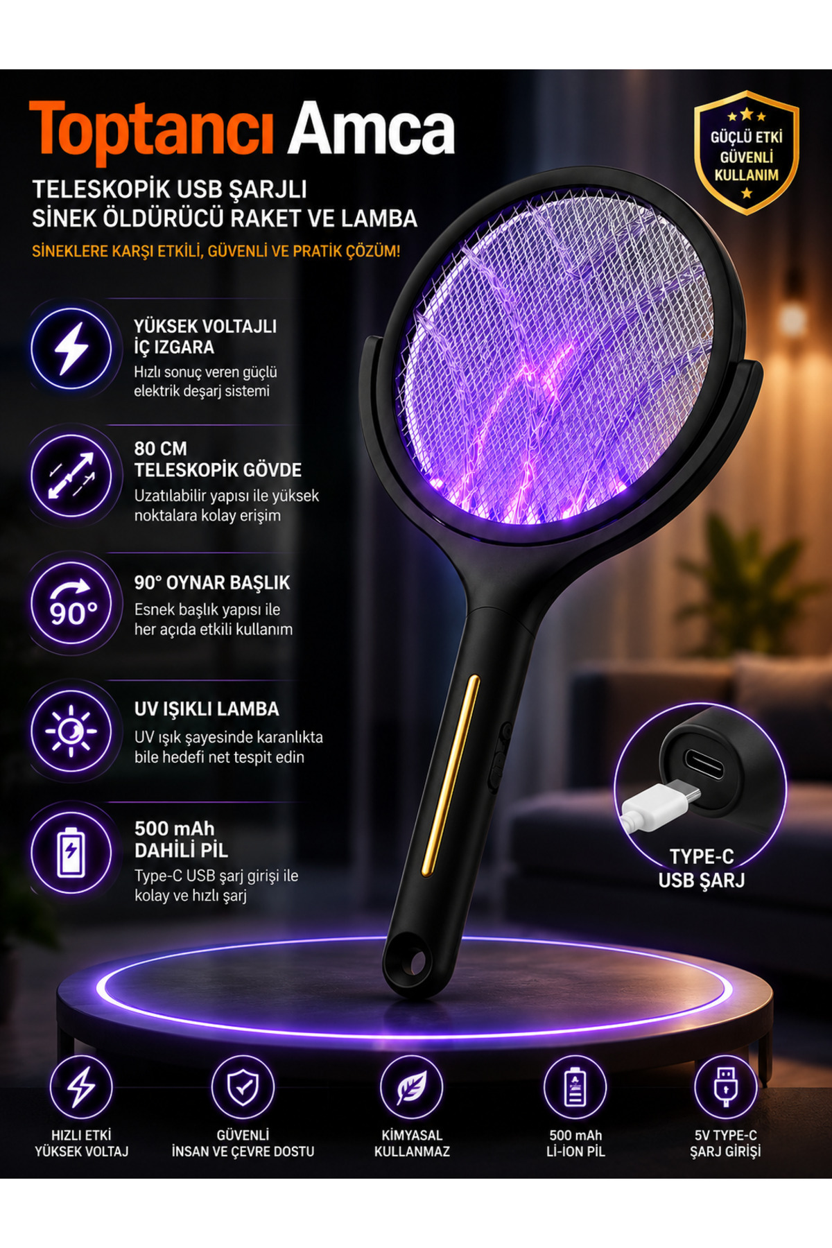Teleskopik USB Şarjlı Sinek Öldürücü Raket ve UV Lamba | 80 cm Uzayabilir Gövde | 90° Oynar Başlık | Type-C Şarj | 500 mAh Batarya 2