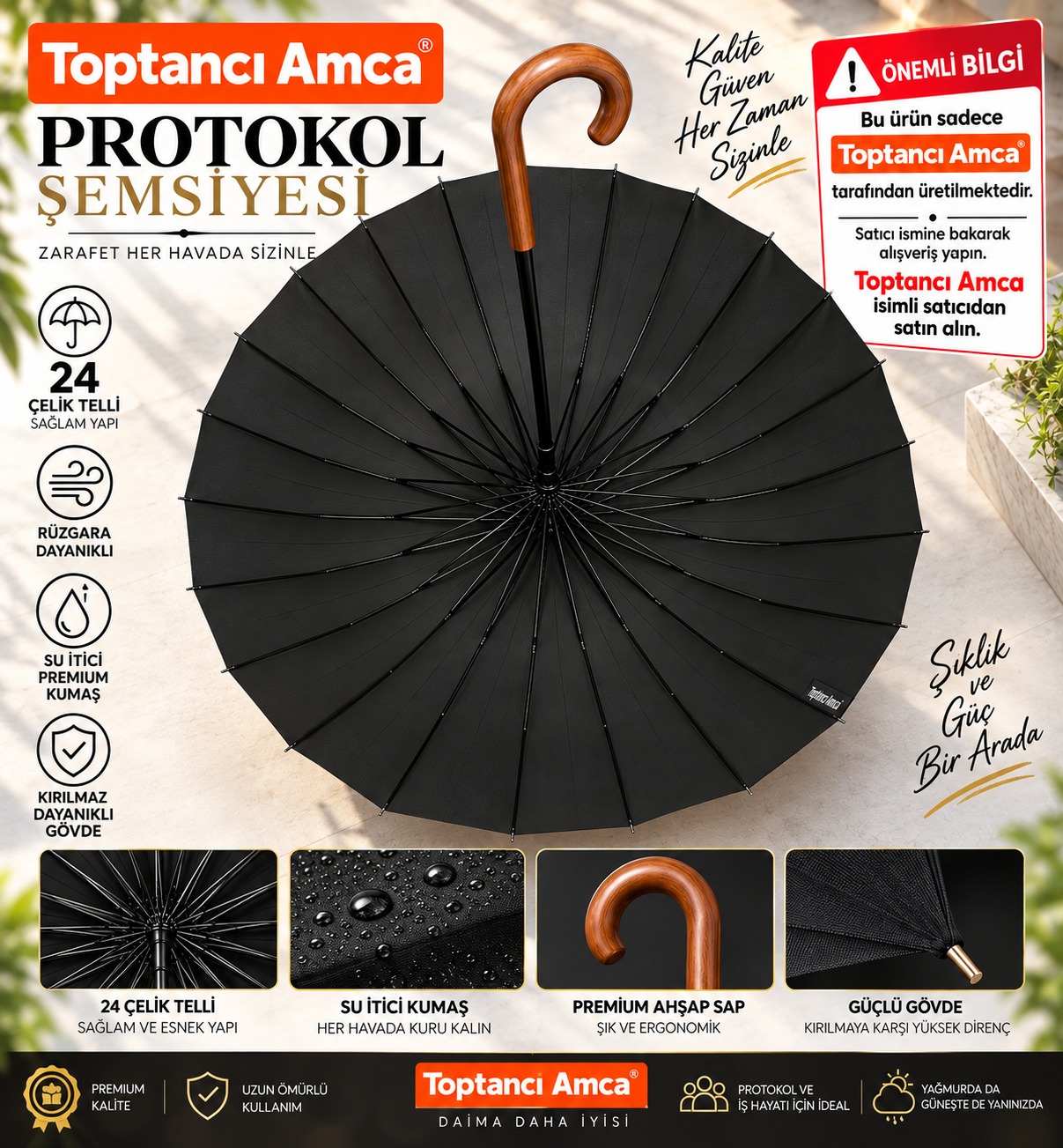 24 Telli Protokol şemsiyesi çift kişilik ahşap saplı şemsiye 100 cm çap Kılıflı 4
