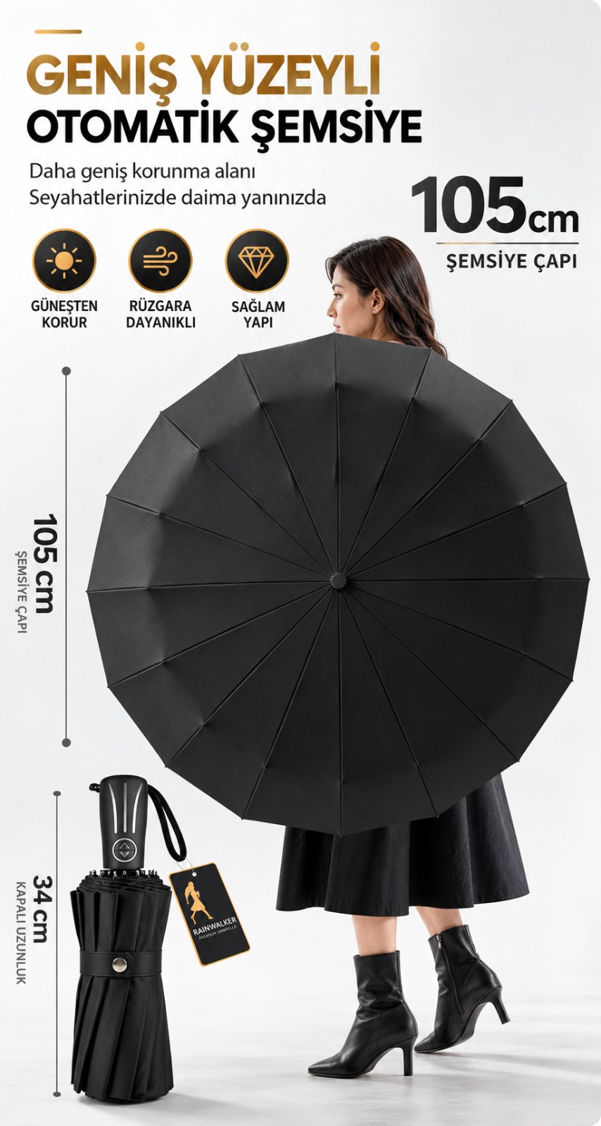 Rainwalker RW-092 3 Sıralı Fiber Telli 16 Panel Yağmur Şemsiyesi Pongee Kumaş Kılıflı 3