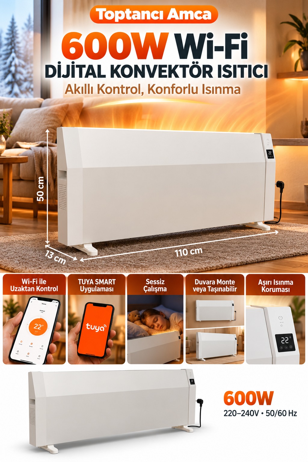 MirKraft 600W Wi-Fi Dijital Konvektör Isıtıcı Petek Radyatör ECON 110 – Beyaz