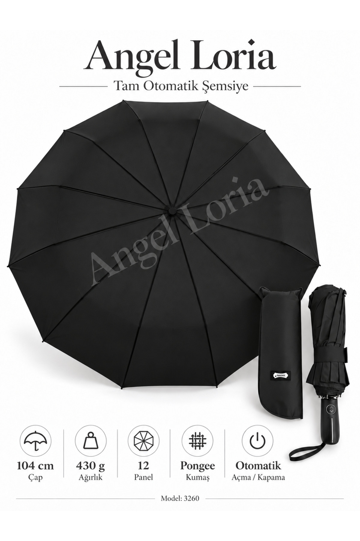 Alüminyum 3260 Gövde 104 cm 12 Panelli Tam Otomatik Rüzgâra Dayanıklı Pongee Kumaş Kılıflı Şemsiye 2