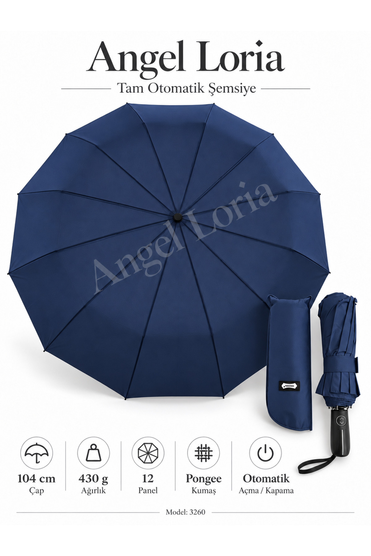 Alüminyum 3260 Gövde 104 cm 12 Panelli Tam Otomatik Rüzgâra Dayanıklı Pongee Kumaş Kılıflı Şemsiye 2