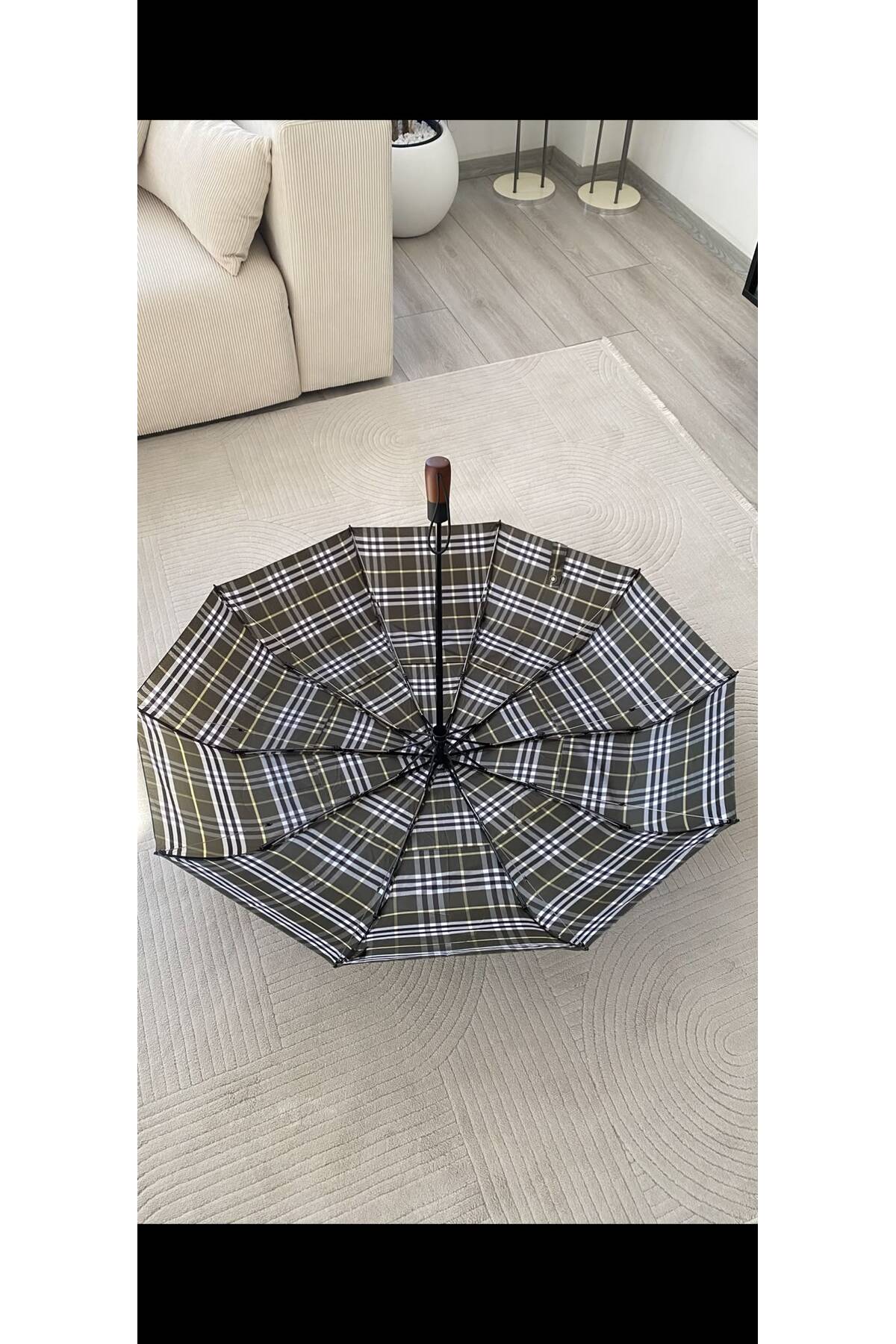 Özel Üretim 10 Panelli Çelik Tel Destekli Otomatik Şaftlı Ekose Şemsiye 105 cm Çaplı 5