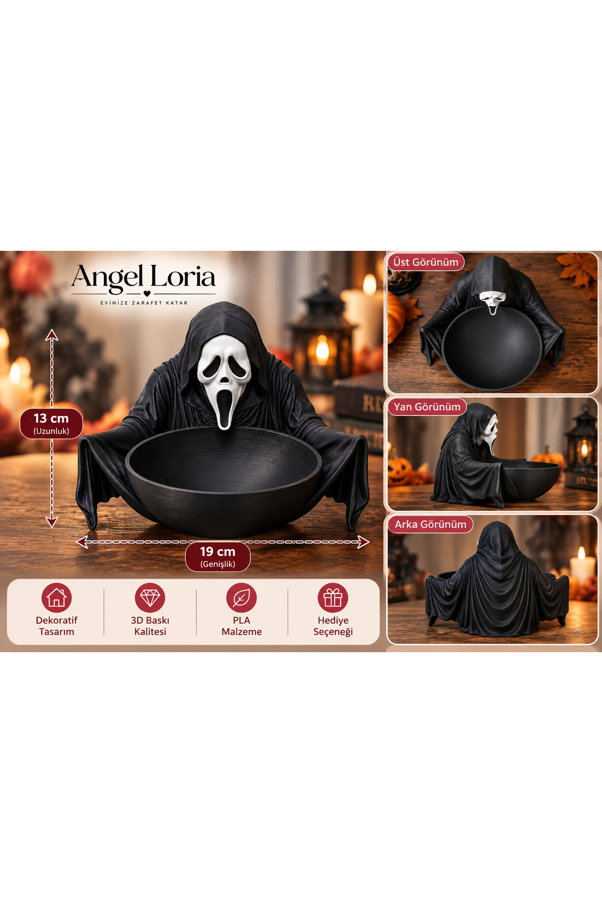 Çığlık Maskeli Korku Figürlü Dekoratif Kase – 3D Baskı PLA Siyah Halloween Şekerlik ve Masaüstü Organizer 3