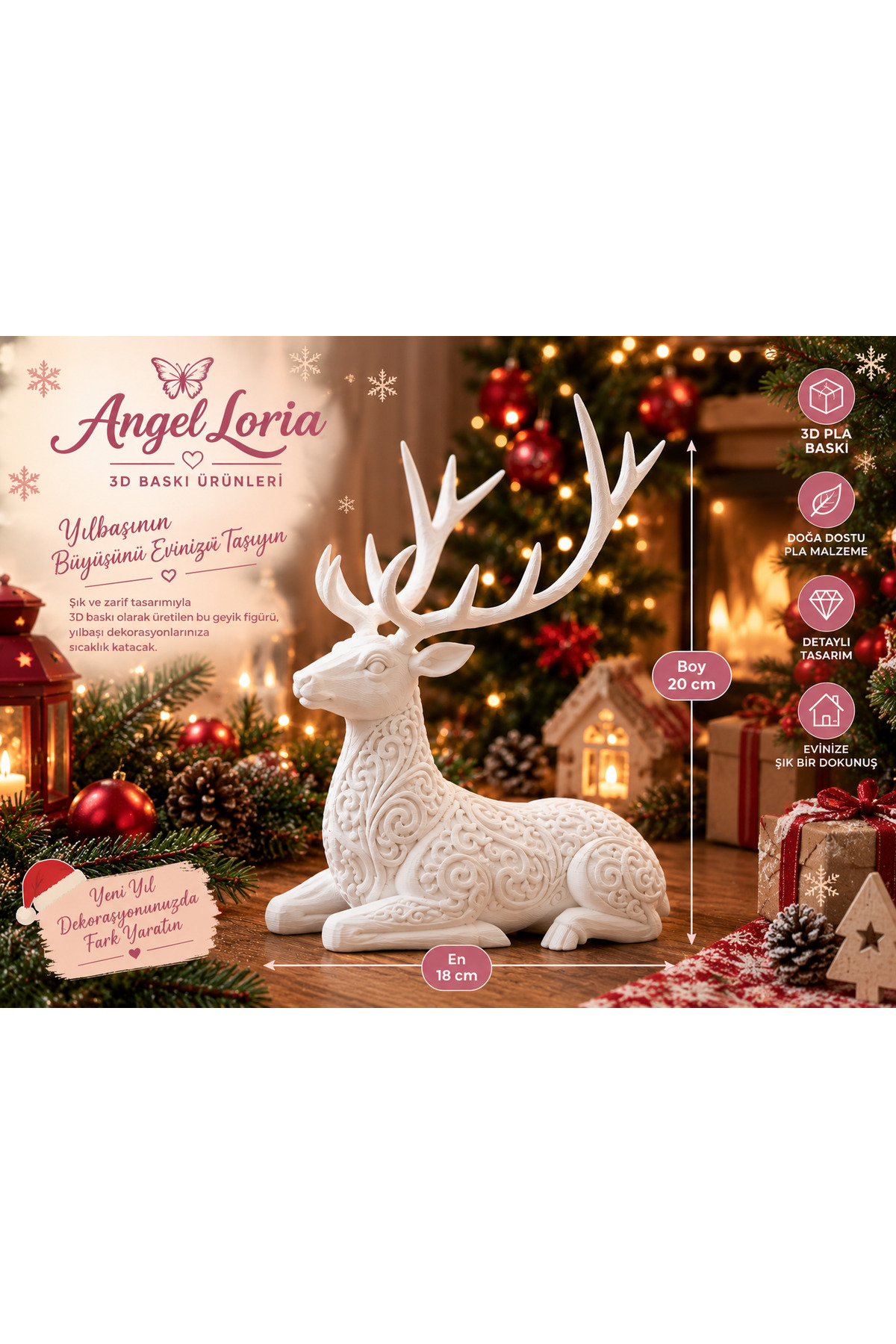 3D Baskı PLA Dekoratif Yılbaşı Geyiği Biblo – Zarif Noel ve Kış Dekoru 20 cm