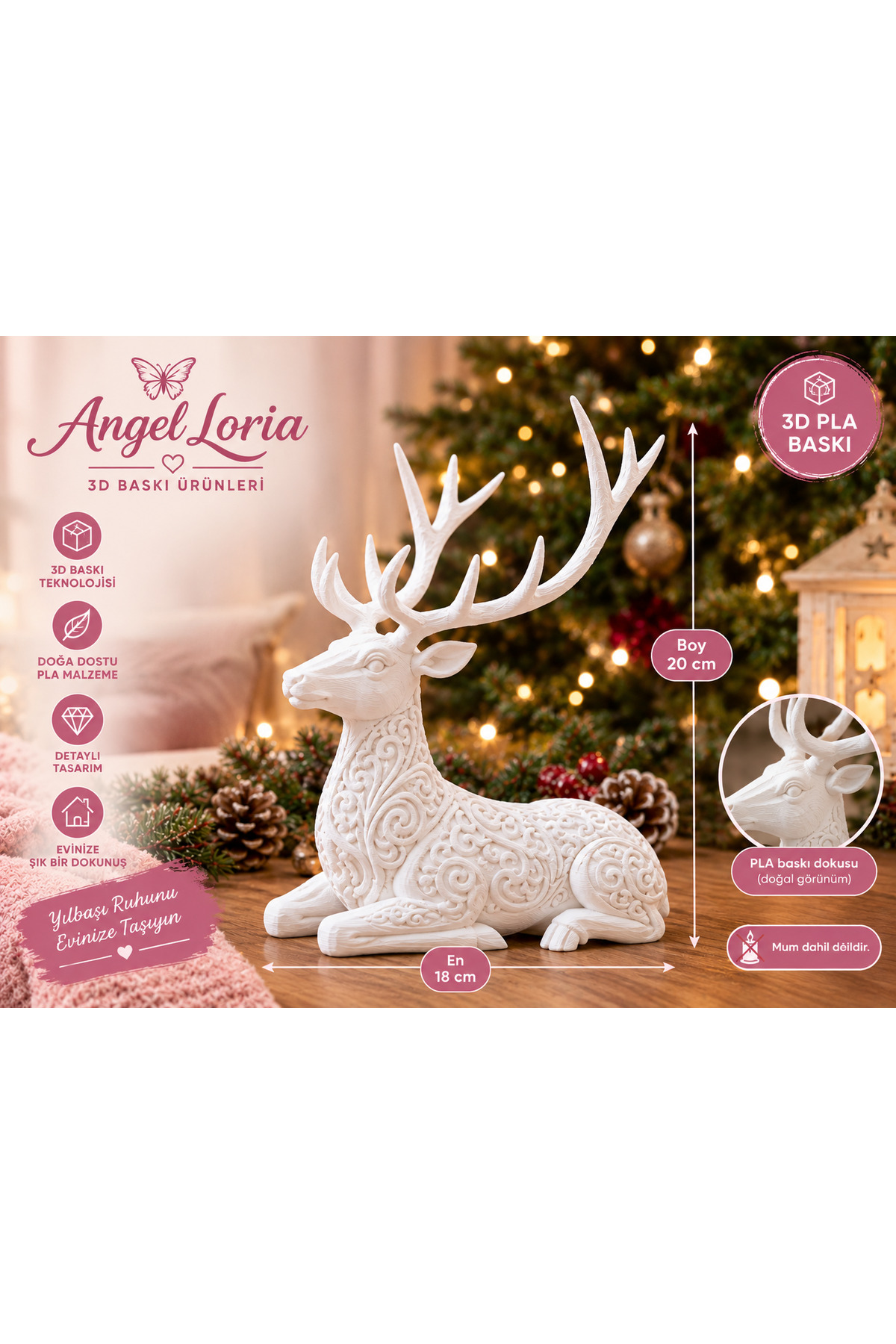 3D Baskı PLA Dekoratif Yılbaşı Geyiği Biblo – Zarif Noel ve Kış Dekoru 20 cm 2