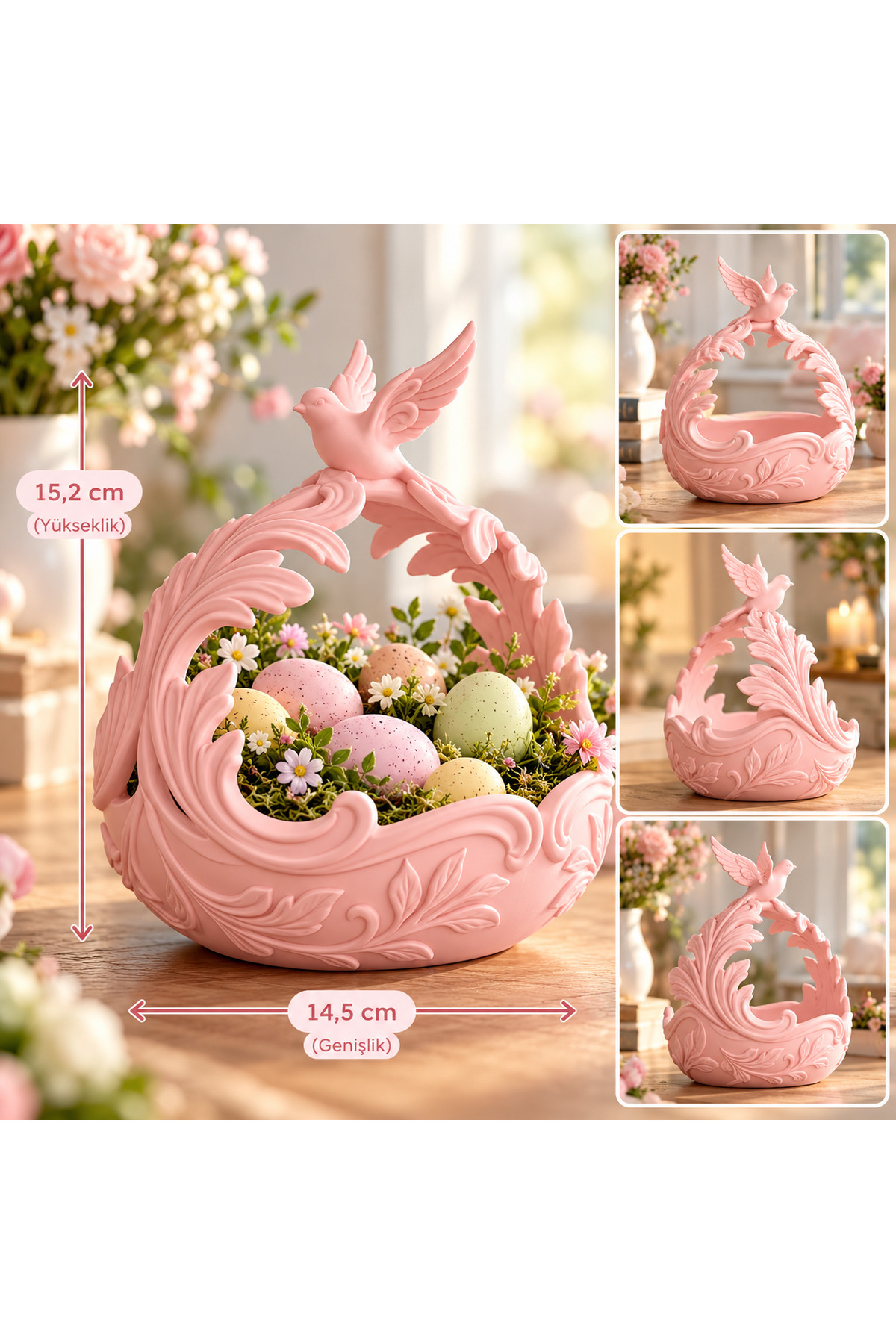 Kuş ve Çiçek Figürlü Dekoratif Sepet, 3D Baskı PLA Pembe Çiçeklik, Takı ve Aksesuar Organizeri 2