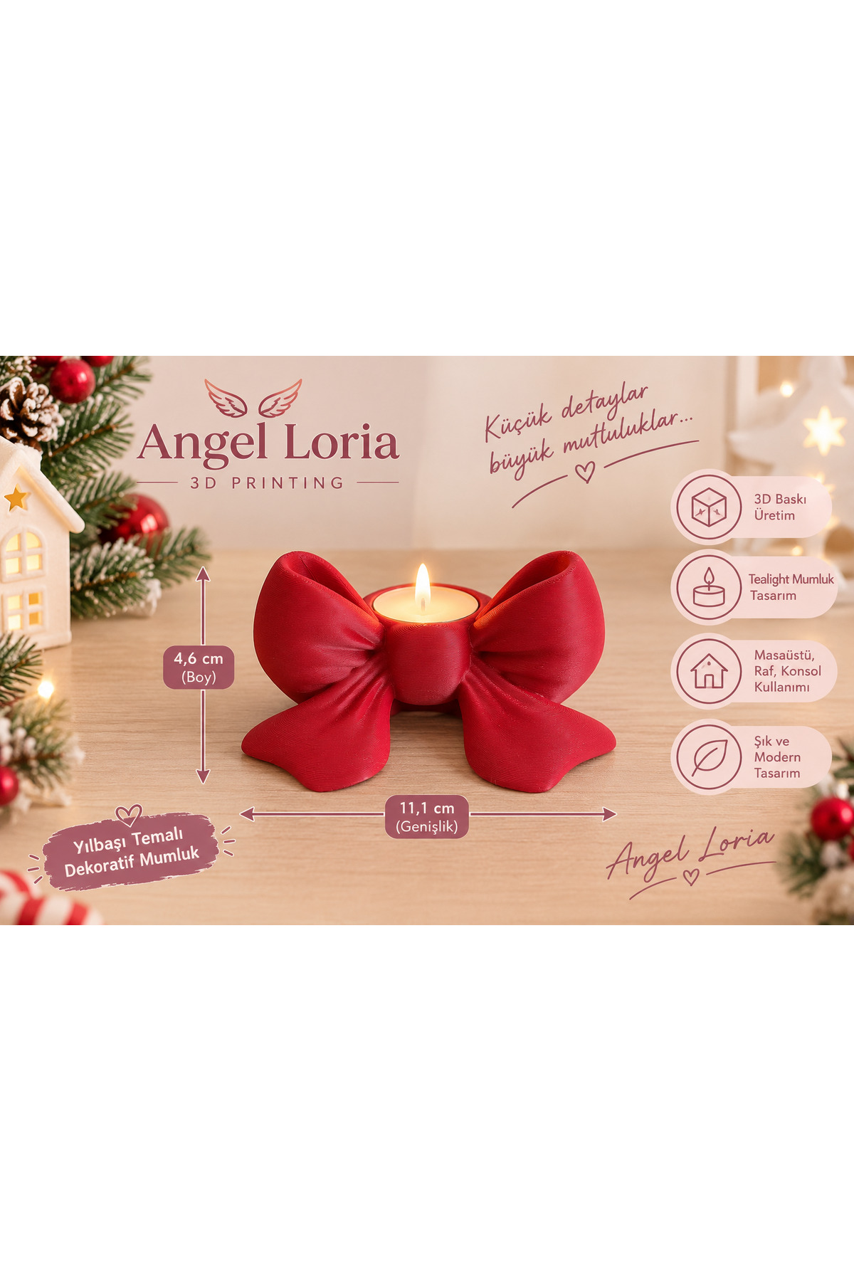 3D Baskı Fiyonk Tasarımlı Tealight Mumluk – Dekoratif Yılbaşı ve Masaüstü Süsü 2