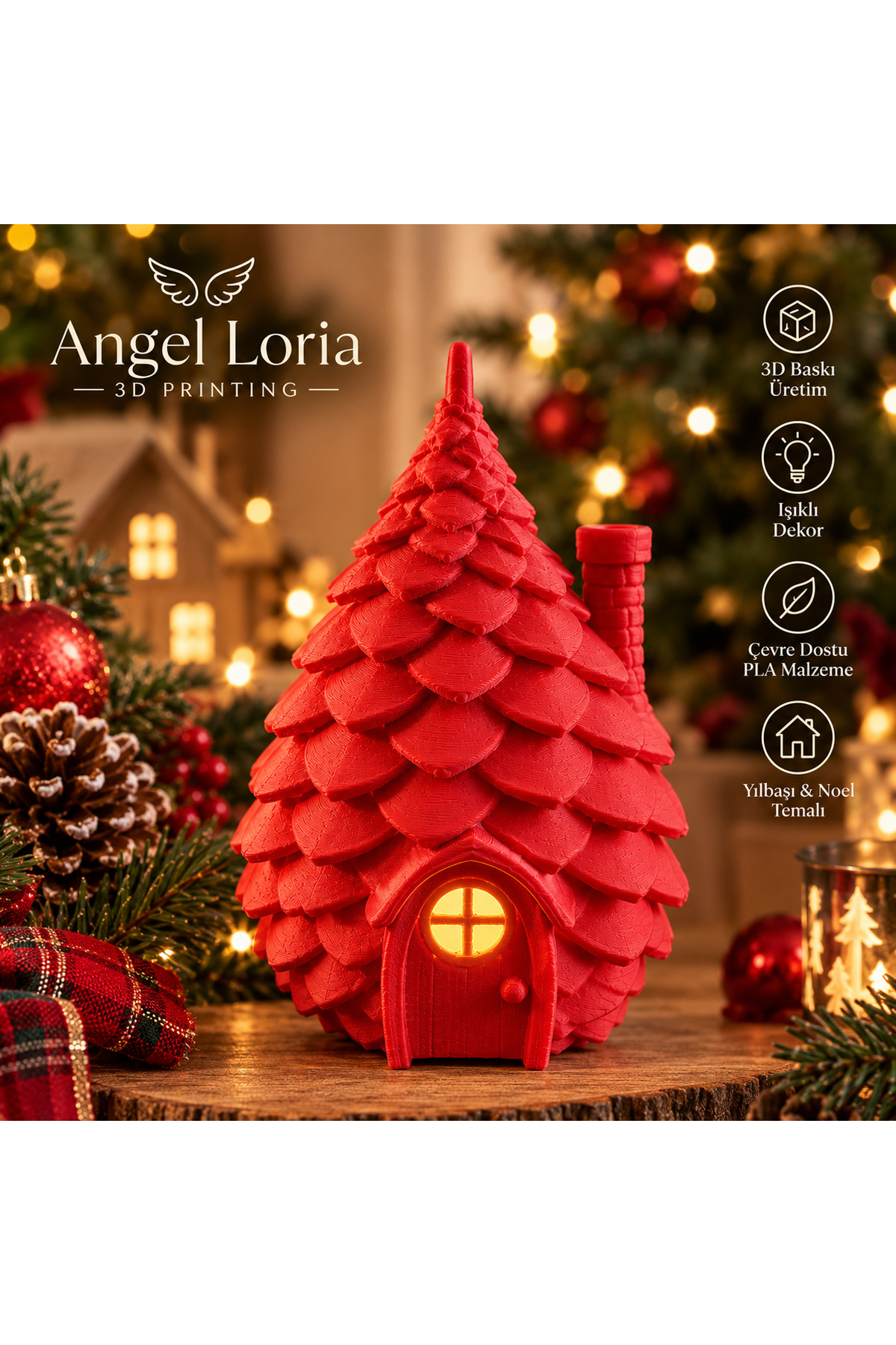 3D Baskı Çam Ağacı Ev Biblo – Işıklı Yılbaşı ve Noel Temalı Dekoratif Ev Süsü 2