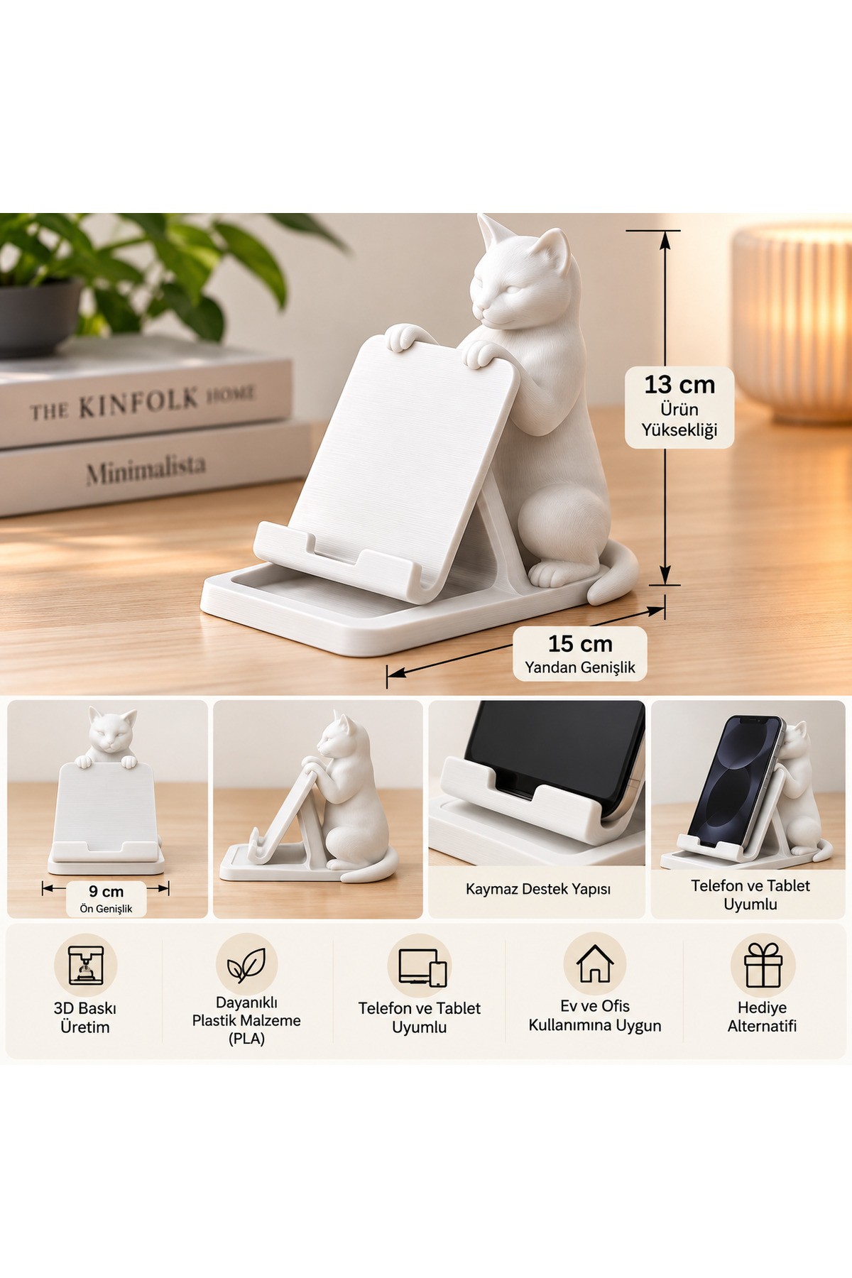 Kedi Figürlü Telefon ve Tablet Standı – 3D Baskı Plastik Tasarım 2