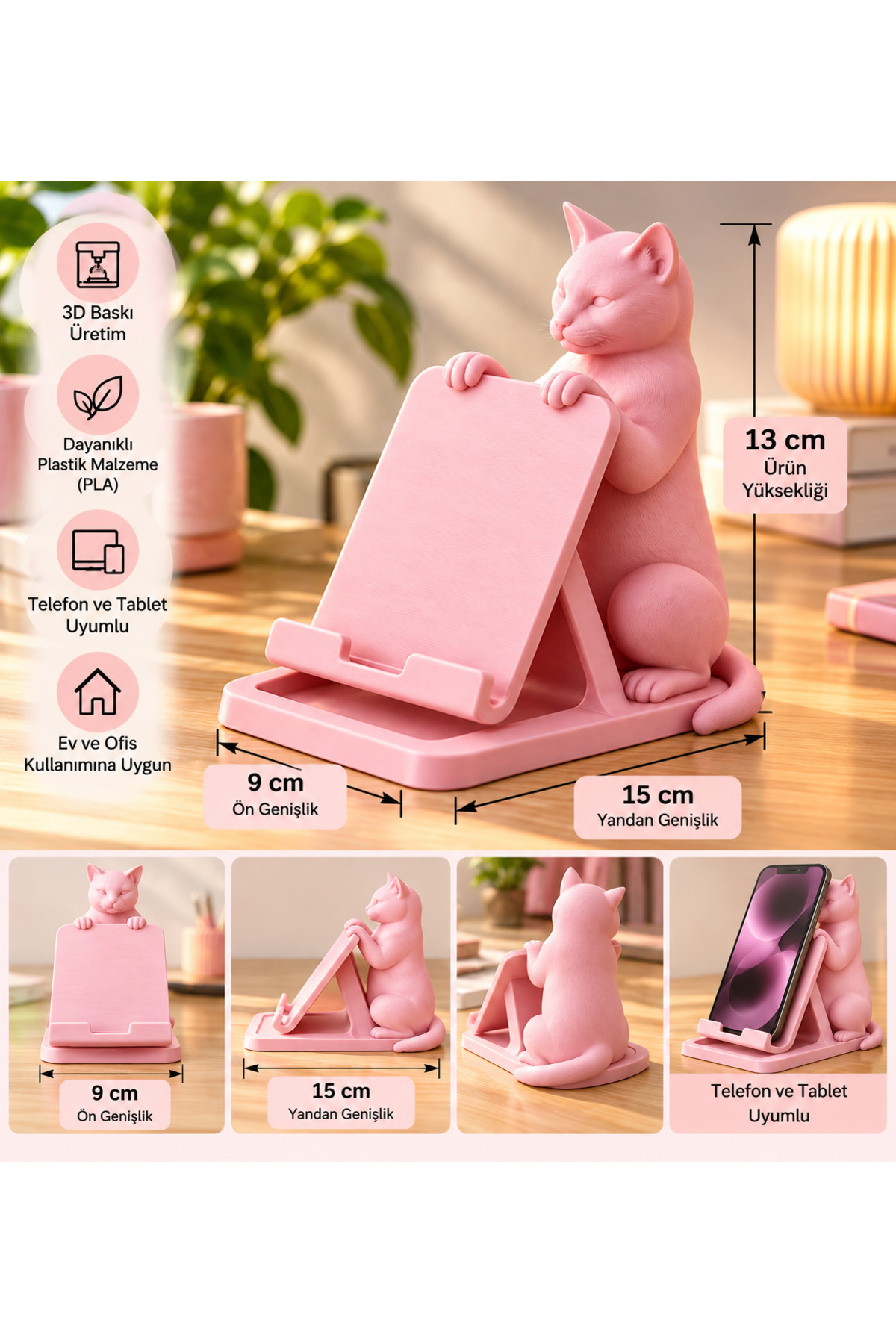 Kedi Figürlü Telefon ve Tablet Standı – 3D Baskı Plastik Tasarım 2