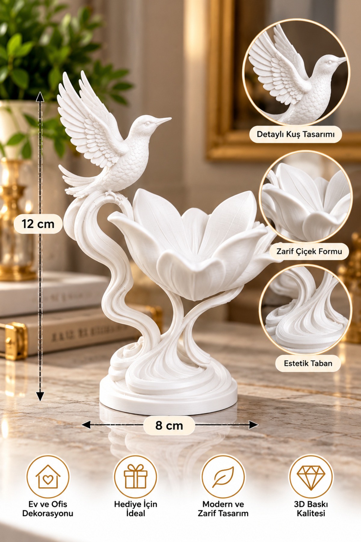 Dekoratif Kuş ve Çiçek Biblosu – 3D Baskı Zarif Masaüstü Heykel 2