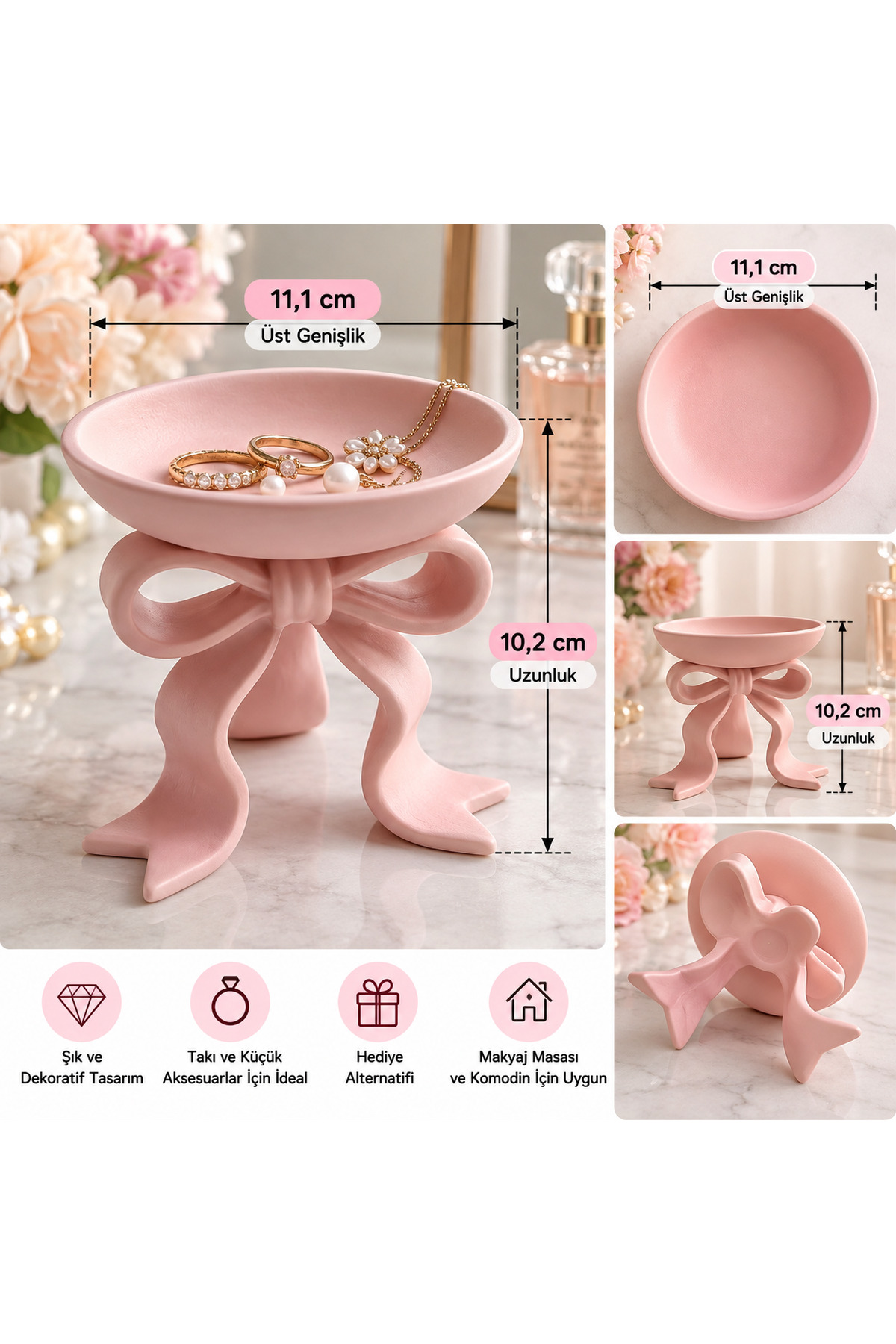 Fiyonklu Dekoratif Takı Standı Yüzük Küpe Kolye Organizeri Pembe 2