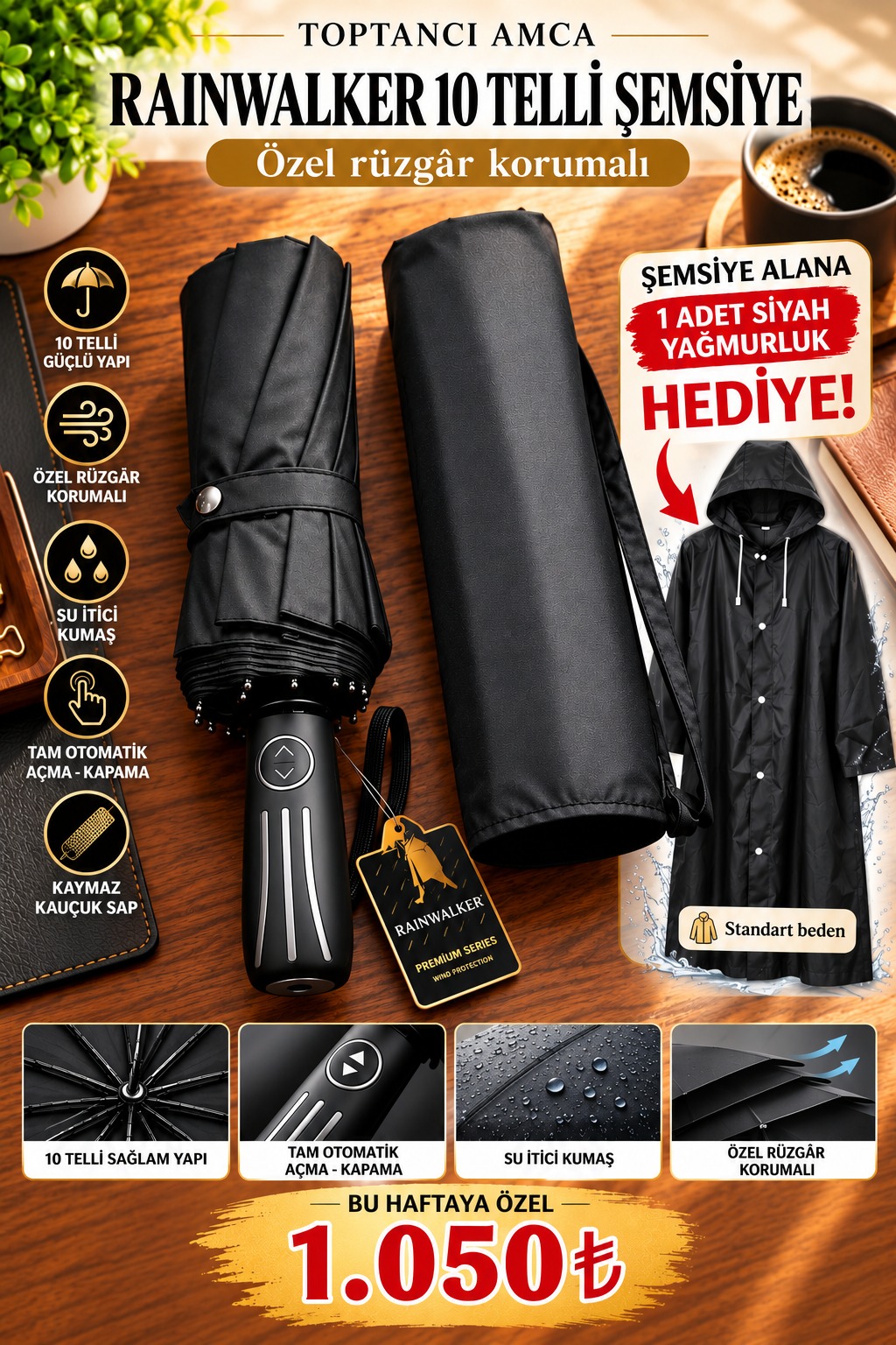 Rainwalker RW-092 3 Sıralı Fiber Telli 16 Panel Yağmur Şemsiyesi Pongee Kumaş Kılıflı + Yağmurluk