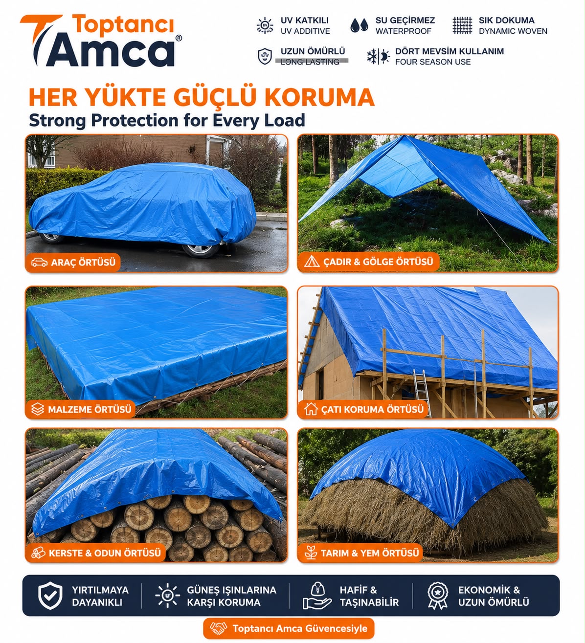 Toptancı Amca 10x10 m Pullu Dikişli Branda 180 Gr Su, Yağmur ve Kar Geçirmez Çadır Brandası Mavi Koruma Örtüsü 2