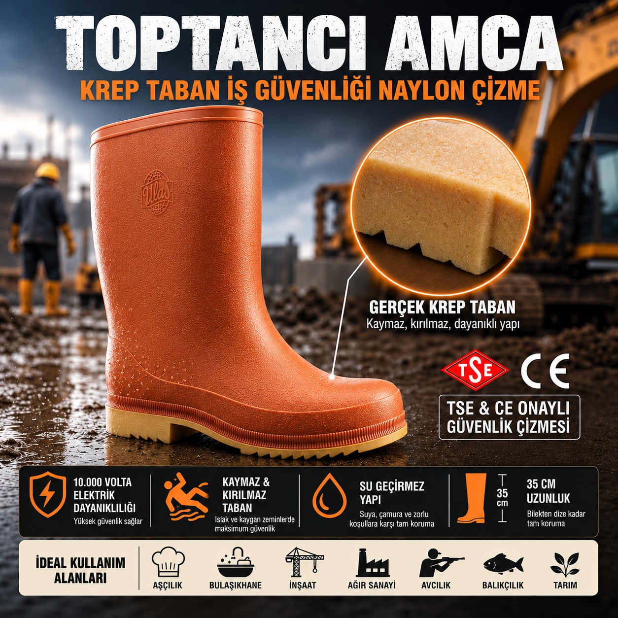 Ulaş Miflonlu Krep Kısa Inşaat Çizme-turuncu Kısa (30 cm) - Tüm bedenler mevcut whatsaptan yazınız
