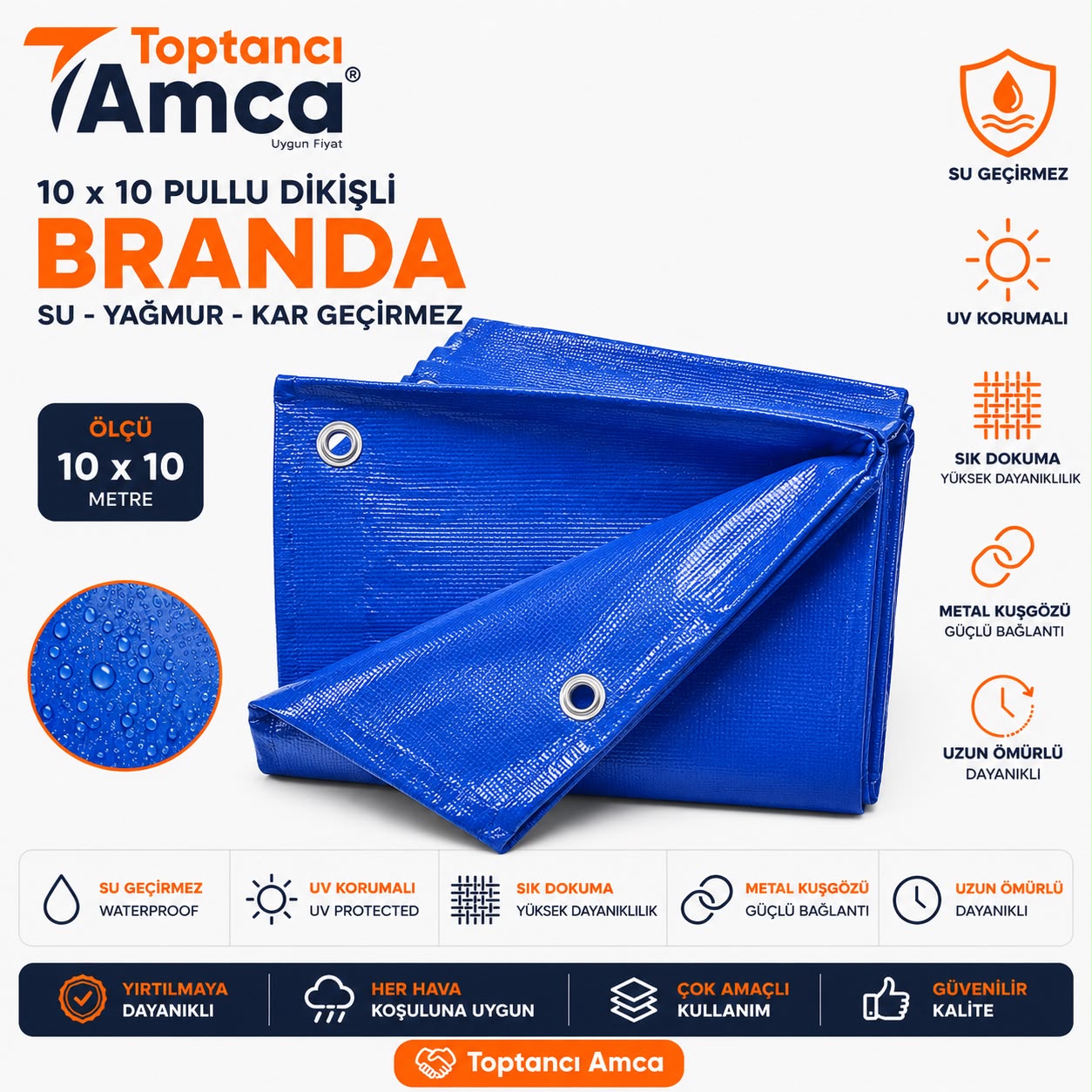 Toptancı Amca 10x10 m Pullu Dikişli Branda 180 Gr Su, Yağmur ve Kar Geçirmez Çadır Brandası Mavi Koruma Örtüsü