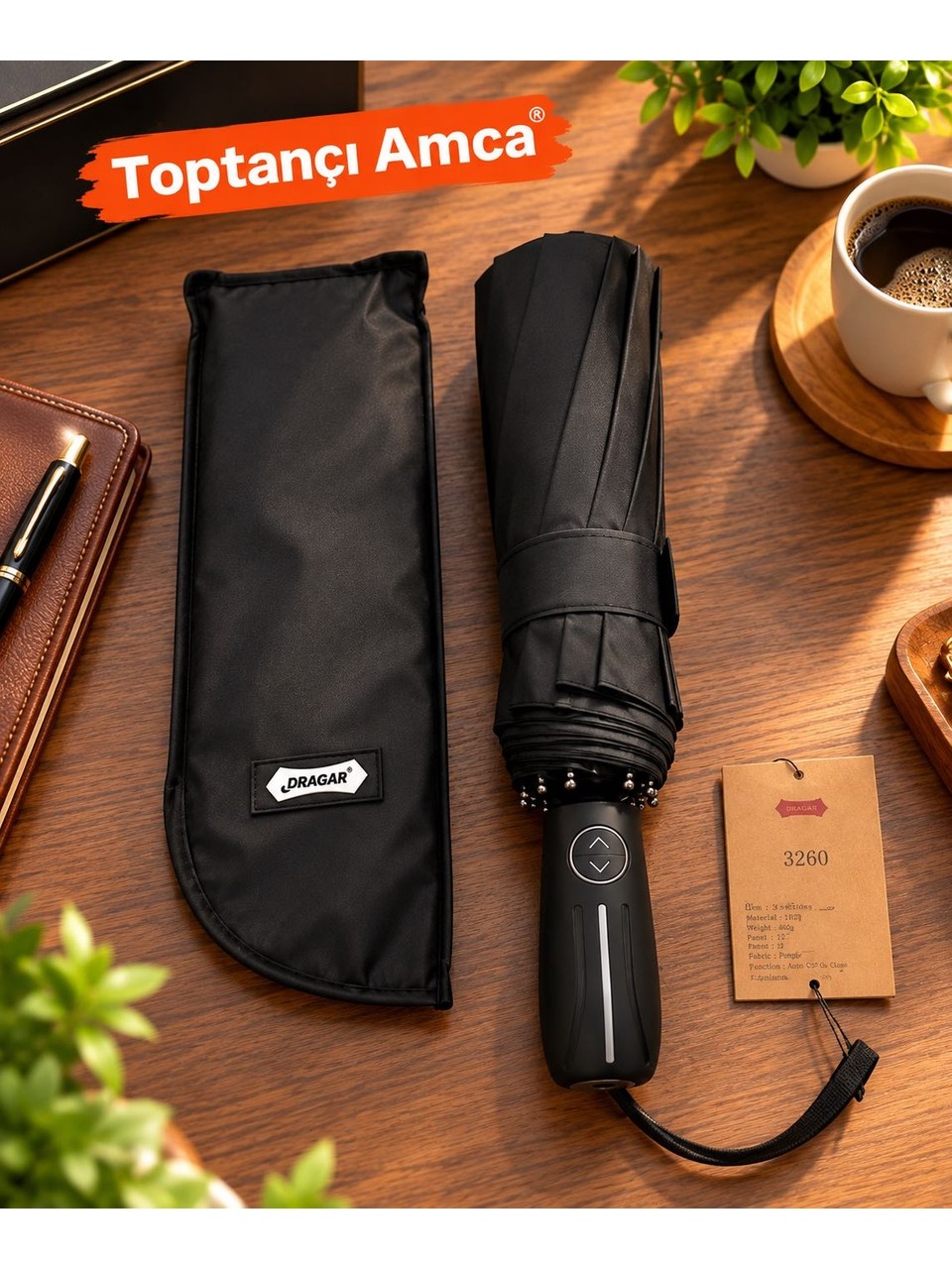Parachase 3260 Premium Otomatik Açılır Kapanır Şemsiye – 12 Telli, Rüzgara Dayanıklı, Su Geçirmez, Kılıflı, Siyah 3260