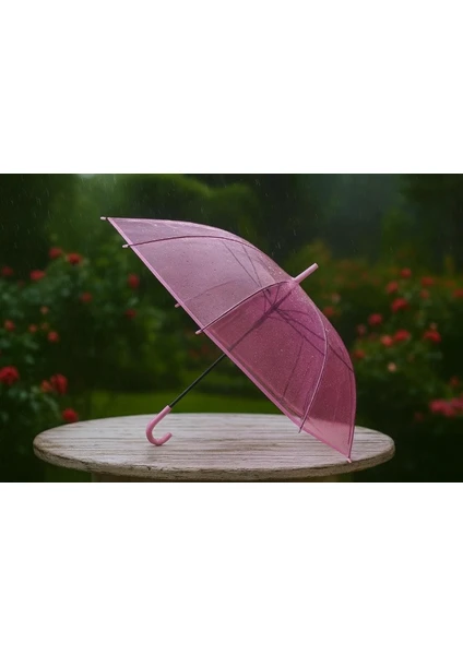 Renkli Şeffaf  Şemsiye 8 Telli 90 cm çaplı baston şemsiye pembe 1