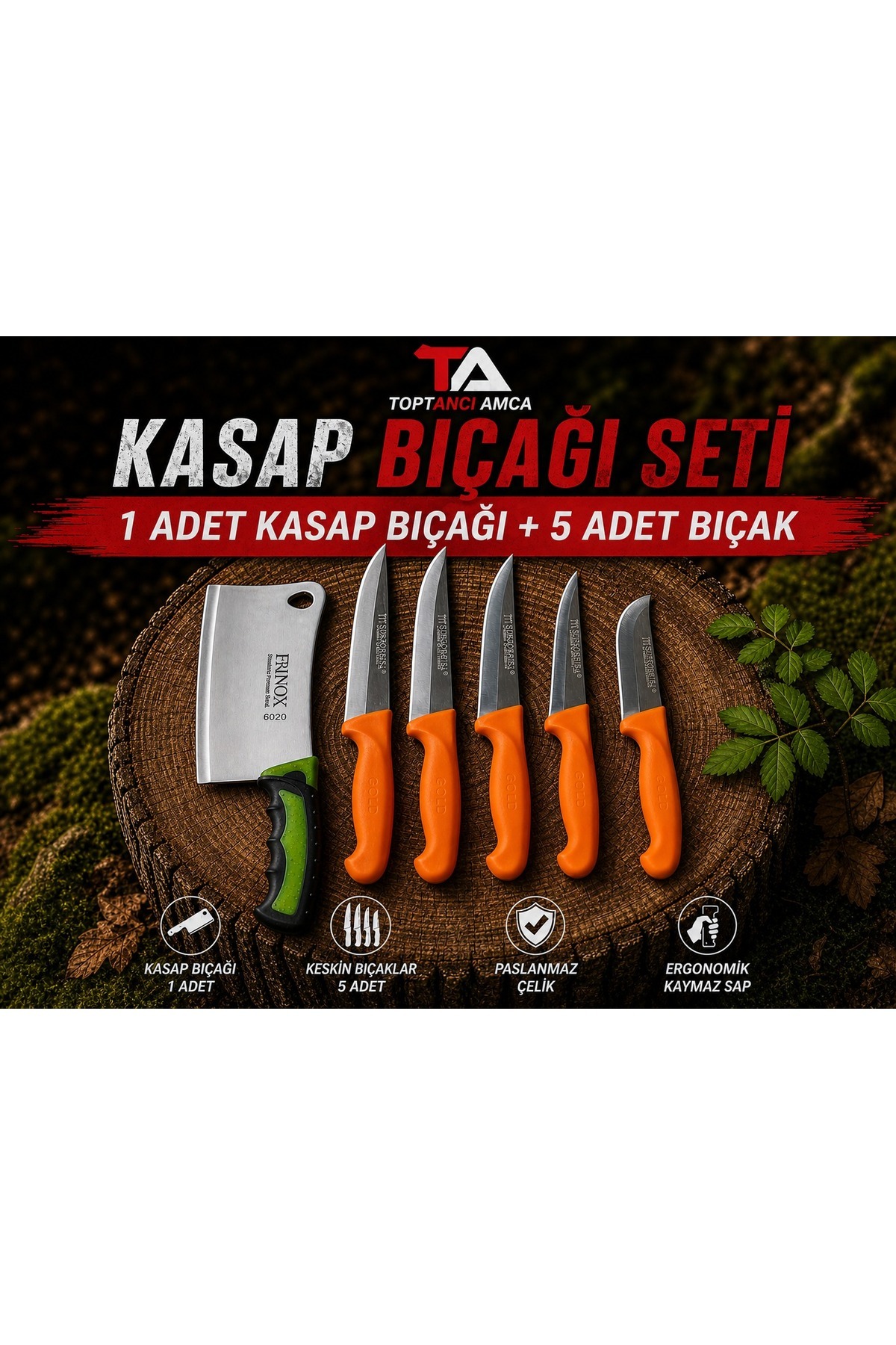 6 Parça Kasap Bıçak Seti – Satır Dahil, Deri Yüzme, Sıyırma ve 3’lü Doğrama Bıçakları, Paslanmaz Çelik Profesyonel Mutfak Seti Kurban
