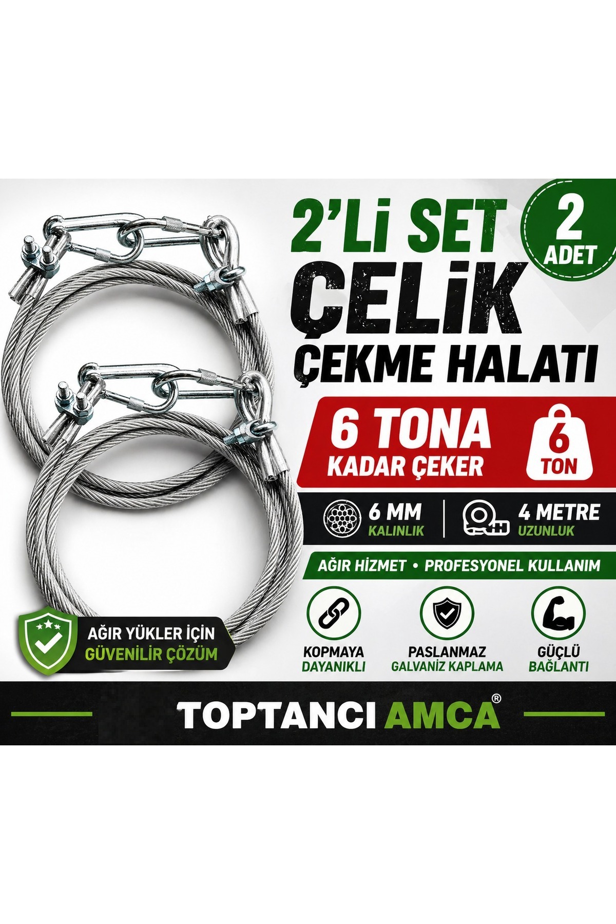 Araç Çekme Halatı 6 Ton 2’li Set Çelik Halat 6 mm 4 Metre Trafik seti