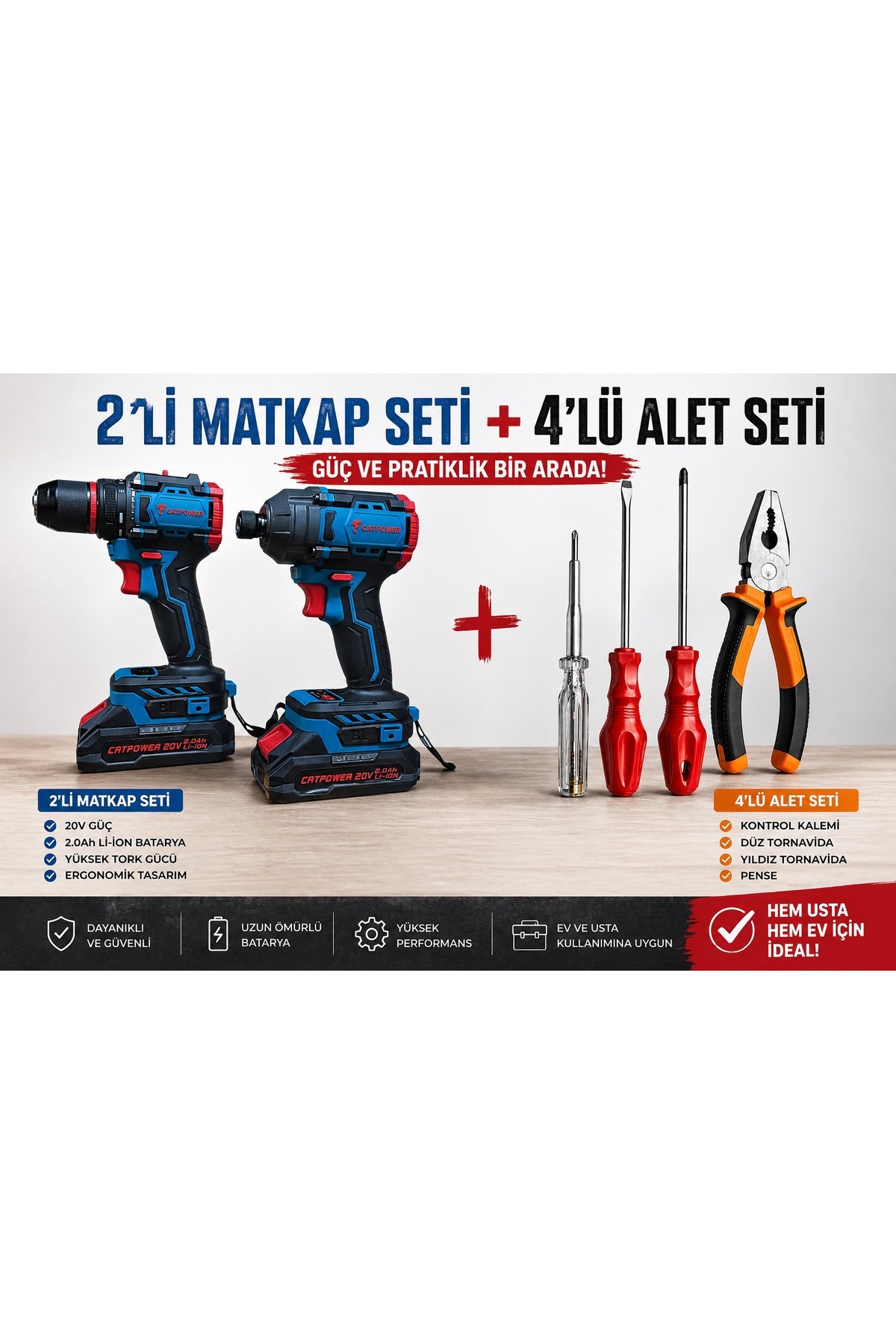 Çift Akülü Matkap + Vidalama Seti 2.0Ah + 4’lü El Alet Seti (Pense Tornavida Kontrol Kalemi Hediye)