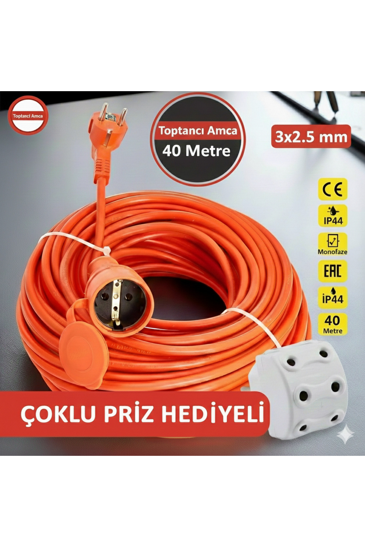 40 Metre Seyyar Uzatma Kablosu Suya Dayanıklı 3x2.5 mm² + 5'li Golyat Priz Çoğaltıcı Hediye Seti