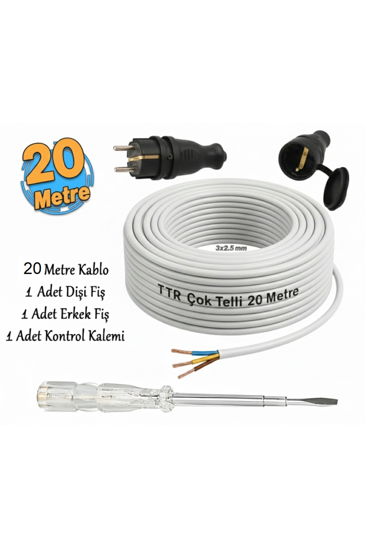 Seyyar 20 Metre Uzatma Kablosu TTR CCA Telli 3x2.5 mm Elektrik Kablo Kontrol Kalem Dişi Erkek Fiş