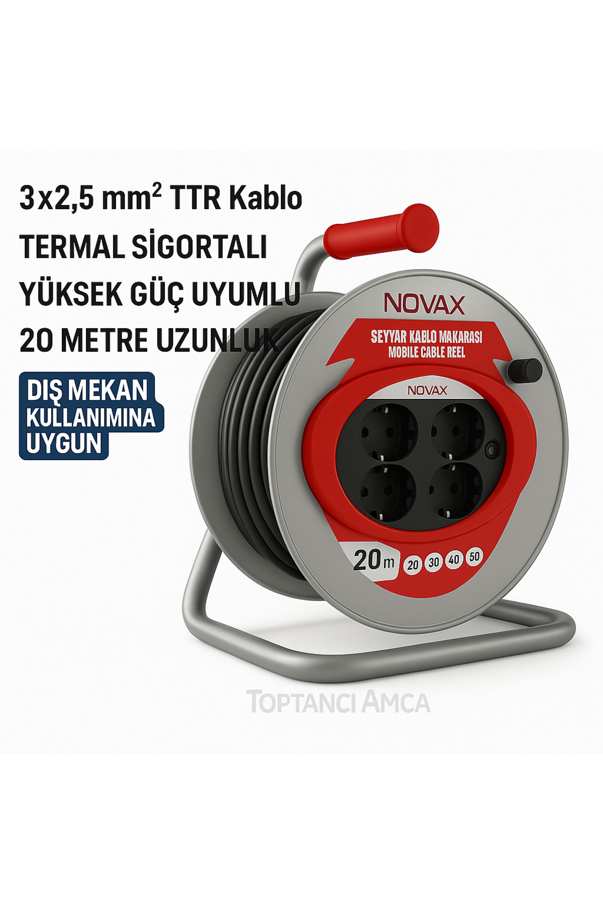 Metal Makaralı Seyyar 4 Prizli Uzatma Kablosu 3x2.5 mm TTR Kablo 50 Metre Termal Sigorta