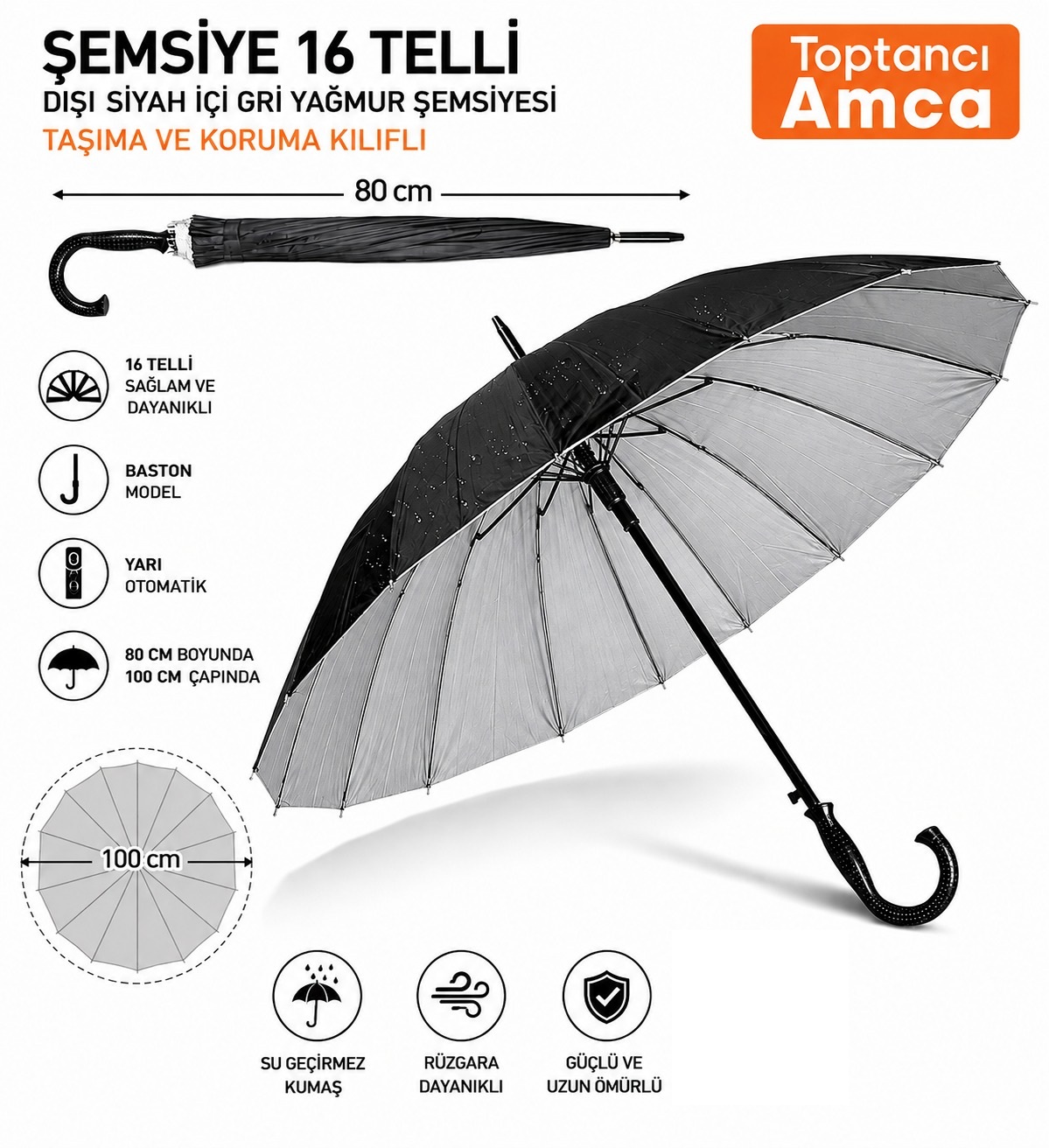 Toptan Şemsiye 16 Telli İçi Gri Baston Şemsiye Siyah Şemsiye 100 cm çaplı - 1