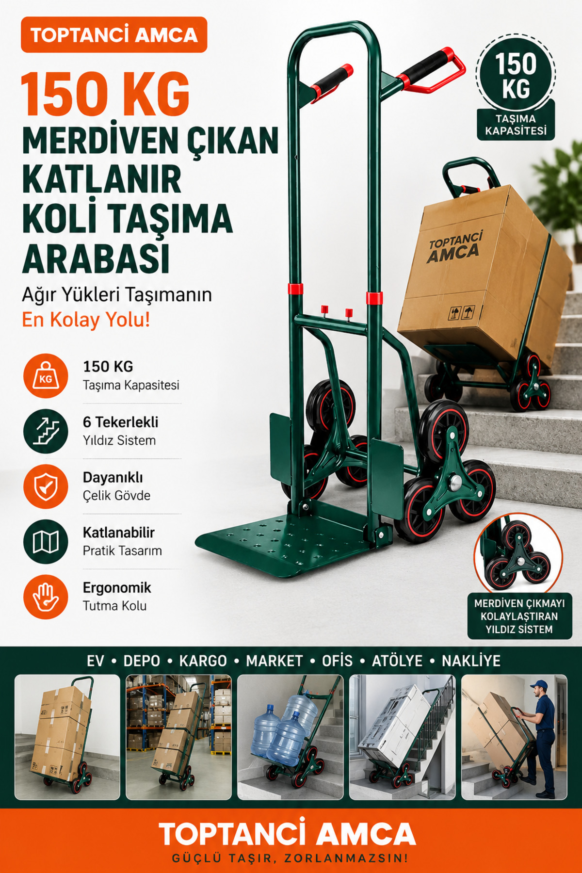 Merdiven Çıkan Koli Taşıma Arabası Katlanır yapı İnip Kalkar Yük arabası 150 kg Yeşil Ergonomik - 1