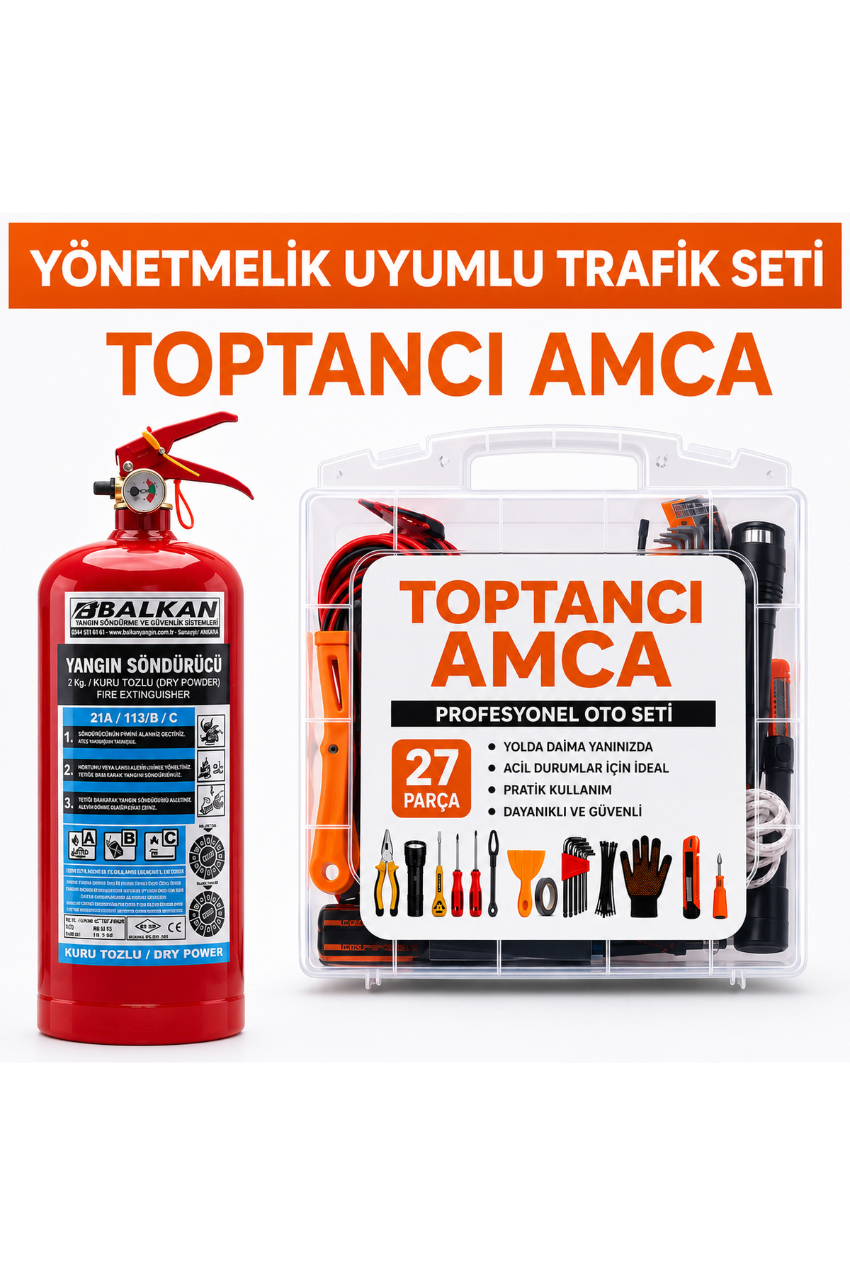 27 Parça Trafik Seti + 1 Litre Yangın Söndürme Tüpü Muayene Uyumlu Acil Durum Oto Güvenlik Seti - 1