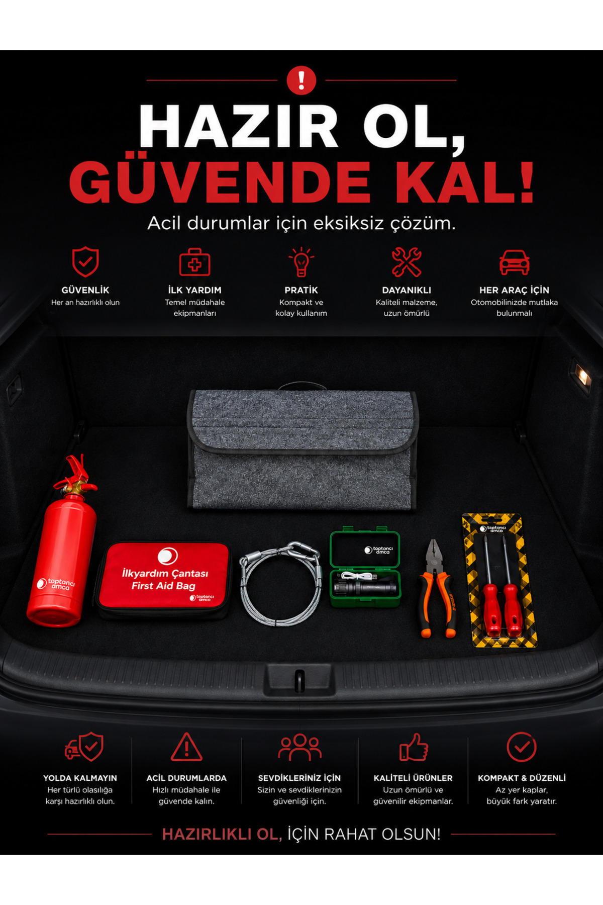 Keçe Organizerli Bagaj Organizerli Araç Seti İlk yardım çeki halatı yangın tüpü el feneri şarjlı fener - 1