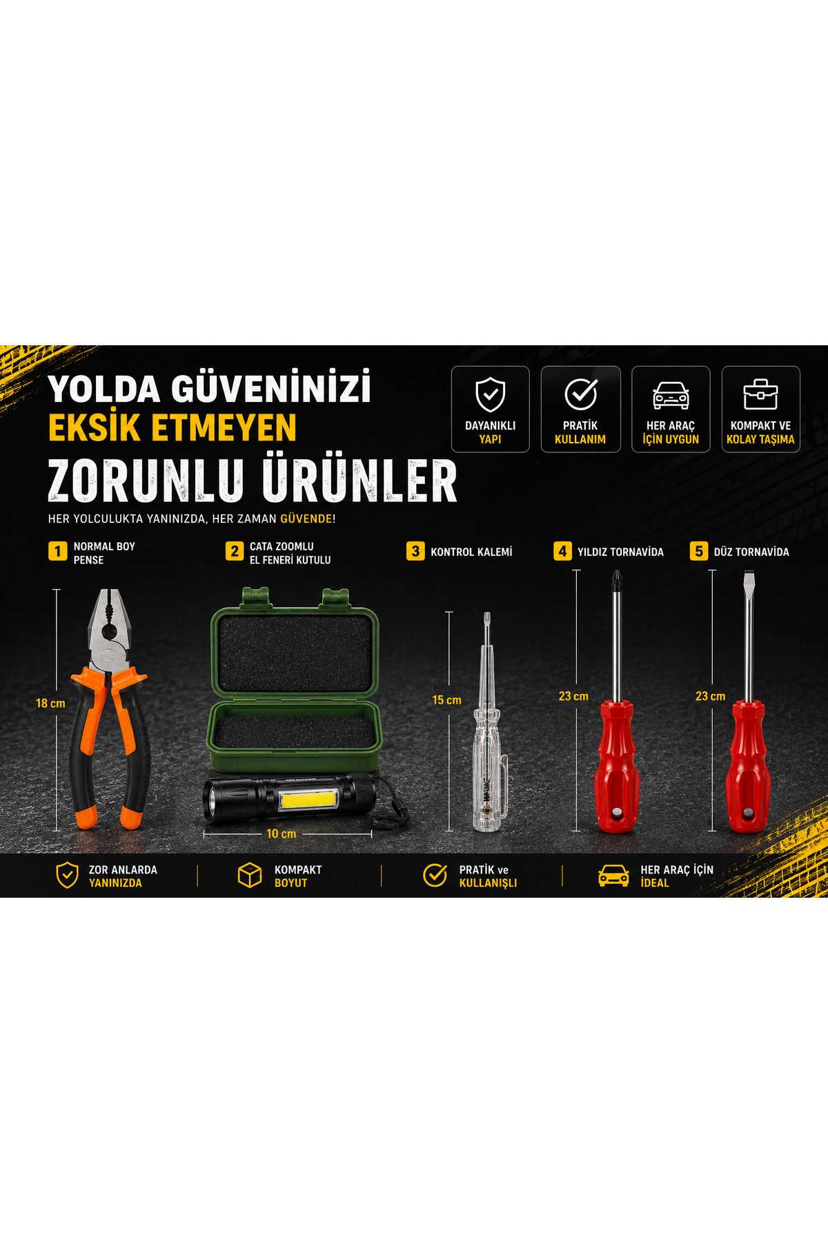 El fenerli trafik seti 5 parça zoomlu el feneri tornavida kontrol kalemi pense set birebir gönderlir - 1