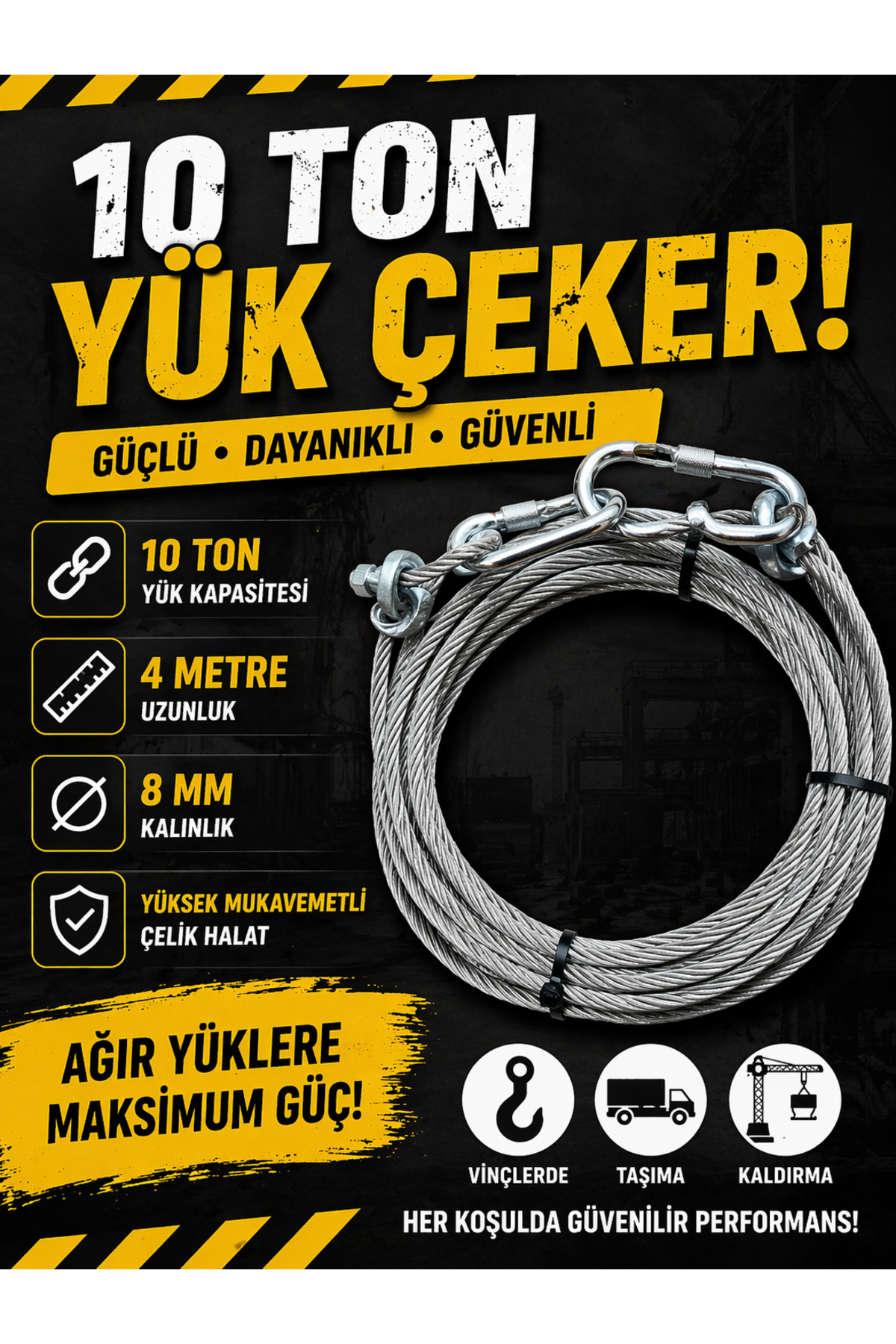 4 Metre 8 mm Çelik Çekme Halatı – 10 Ton Kapasiteli Kilitli Karabinalı Çelik Halat - 1
