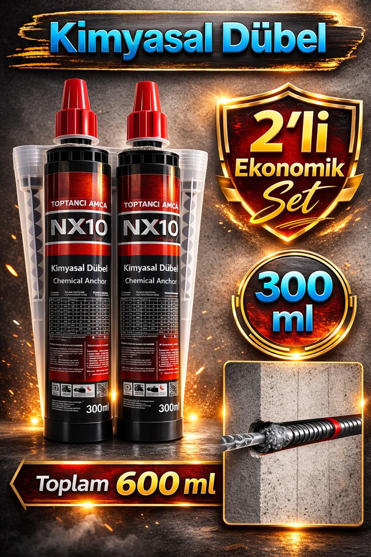 Kimyasal Dübel 300 ml 2’li Set Kimyasal Ankraj – Beton İçin Yüksek Mukavemetli NX10 - 1
