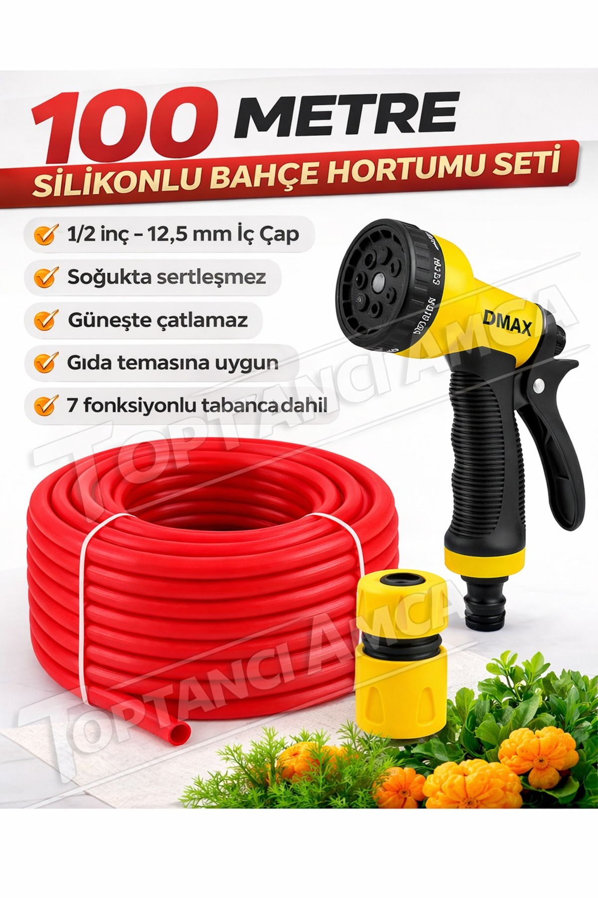 Silikonlu Kırılmaz Bahçe Hortumu + Ayarlı Fıskiye Tabancası Seti – 100 Metre | 1/2 inç - 1