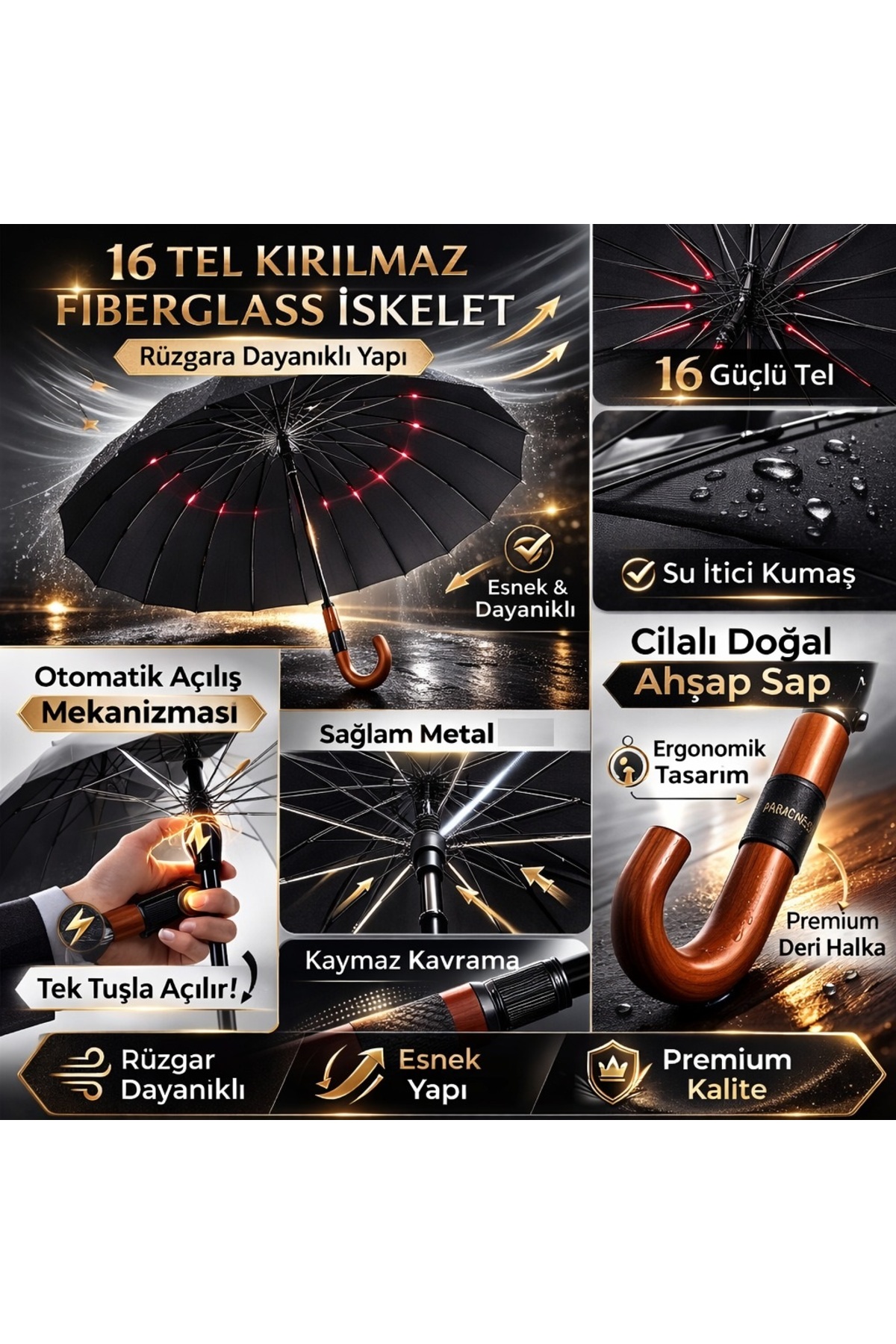 Şemsiye 16 Kaburgalı Baston Çelik Şemsiye Özel Deri İşlemeli ve Taşıma Kılıflı Baston 120 cm çap - 1