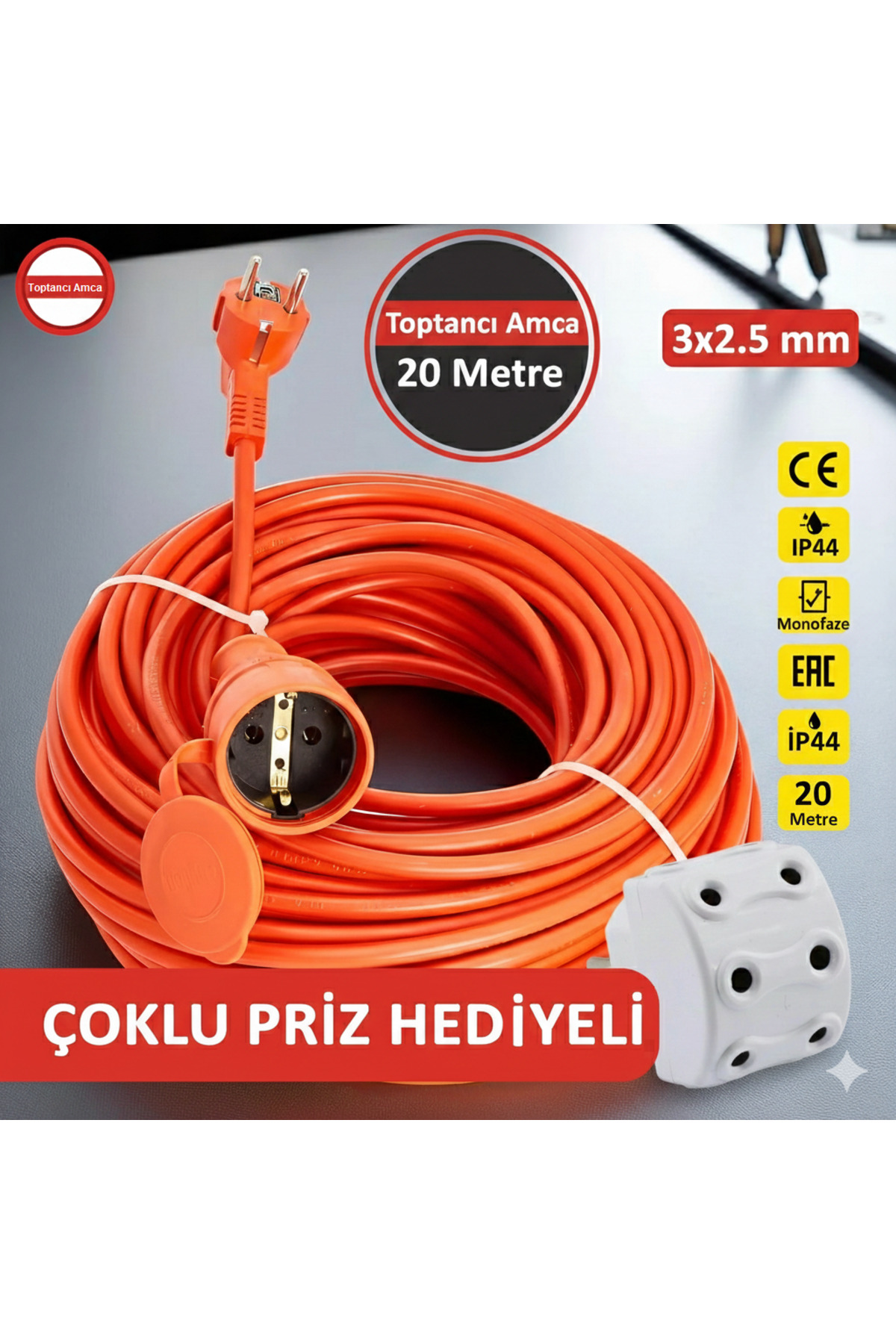20 Metre Seyyar Uzatma Kablosu Suya Dayanıklı 3x2.5 mm² + 5'li Golyat Priz Çoğaltıcı Hediye Seti - 1