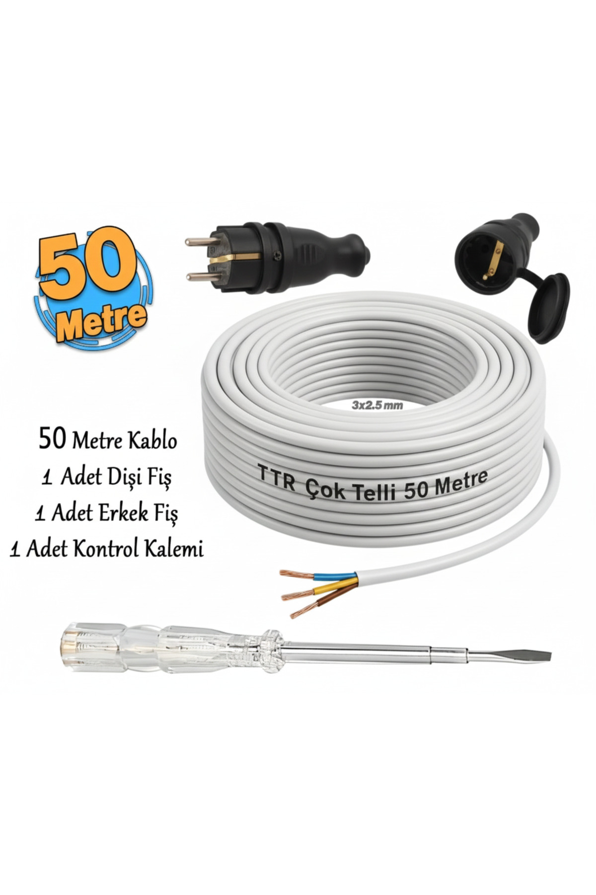 Seyyar 50 Metre Uzatma Kablosu TTR CCA Telli 3x2.5 mm Elektrik Kablo Kontrol Kalem Dişi Erkek Fiş - 1