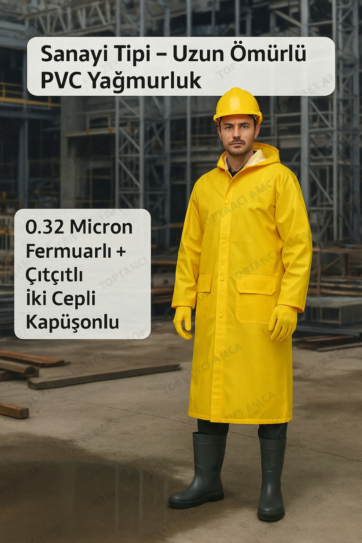 Sarı Yağmurluk Kapüşonlu 0.32 Mikron Kalınlık Fermuarlı Çıtçıtlı Su Geçirmez İş Tipi Yağmurluk