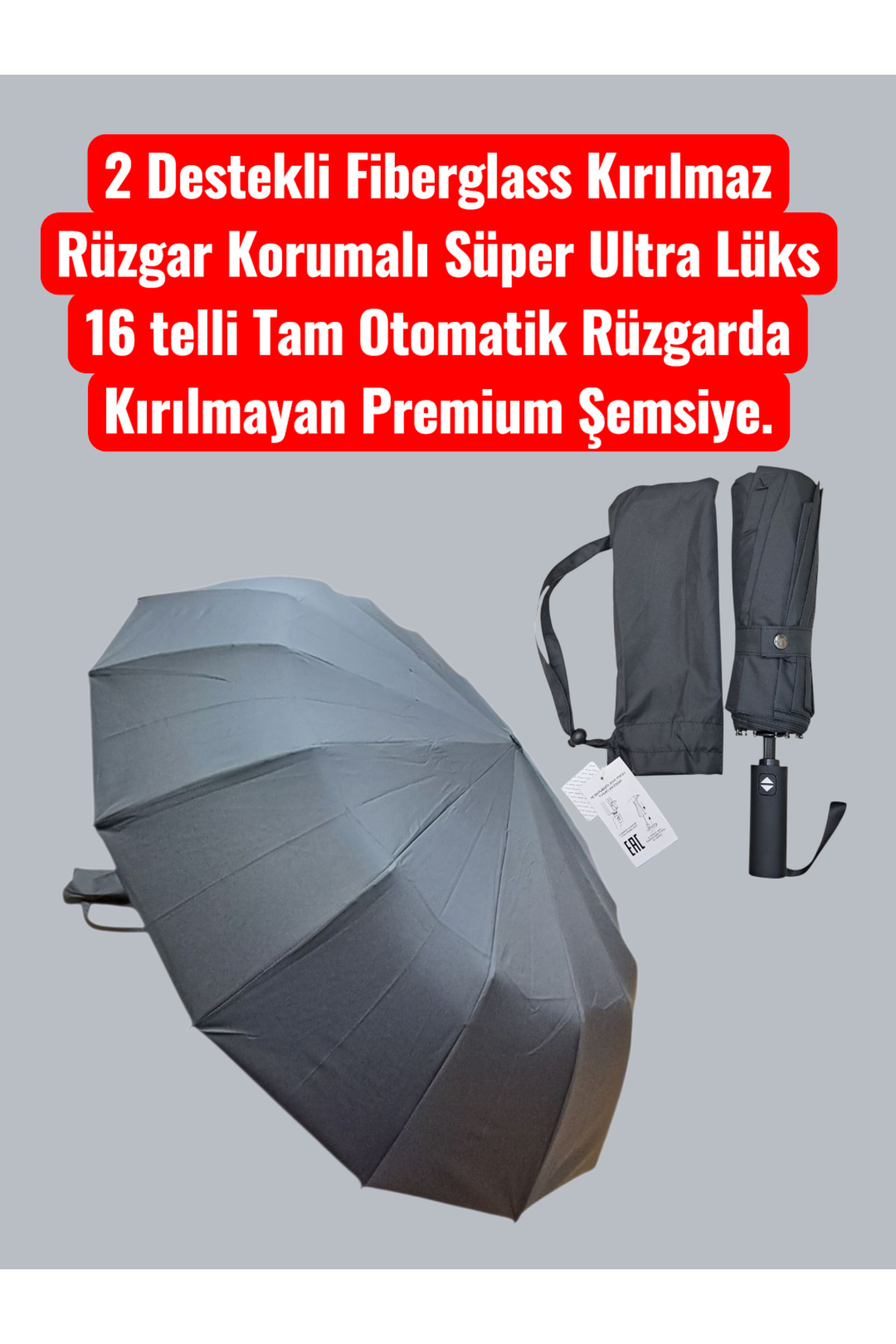 Fiberglas 2 Destekli Extra Dayanıklı 16 Fiber Güçlendirilmiş Tam Otomatik Süper Ultra Lüks Şemsiye - 1