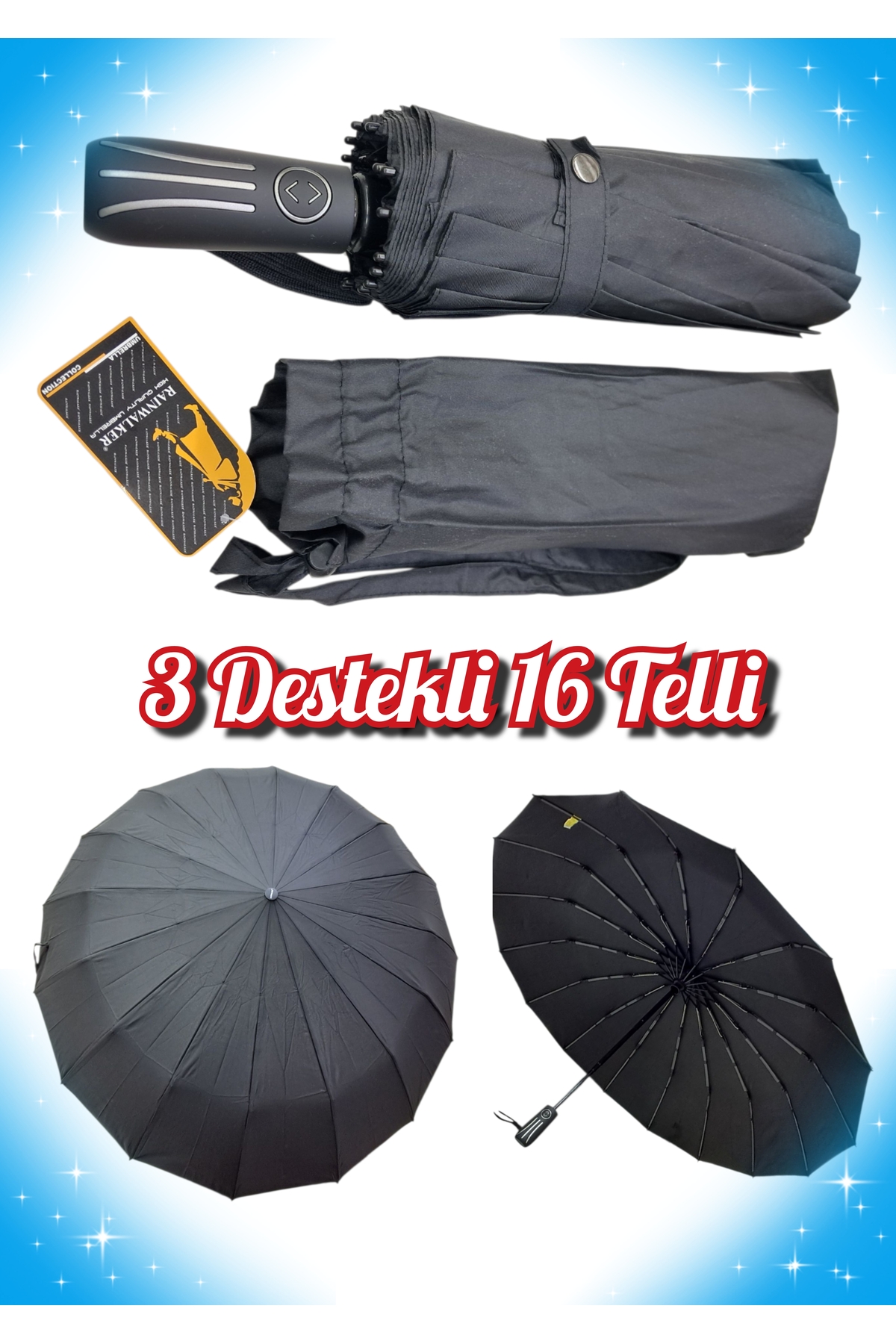 3 Destekli Süper Ultra Premium Lüks 16 Telli Tam Otomatik Rüzgarda Kırılmayan Şemsiye - 1